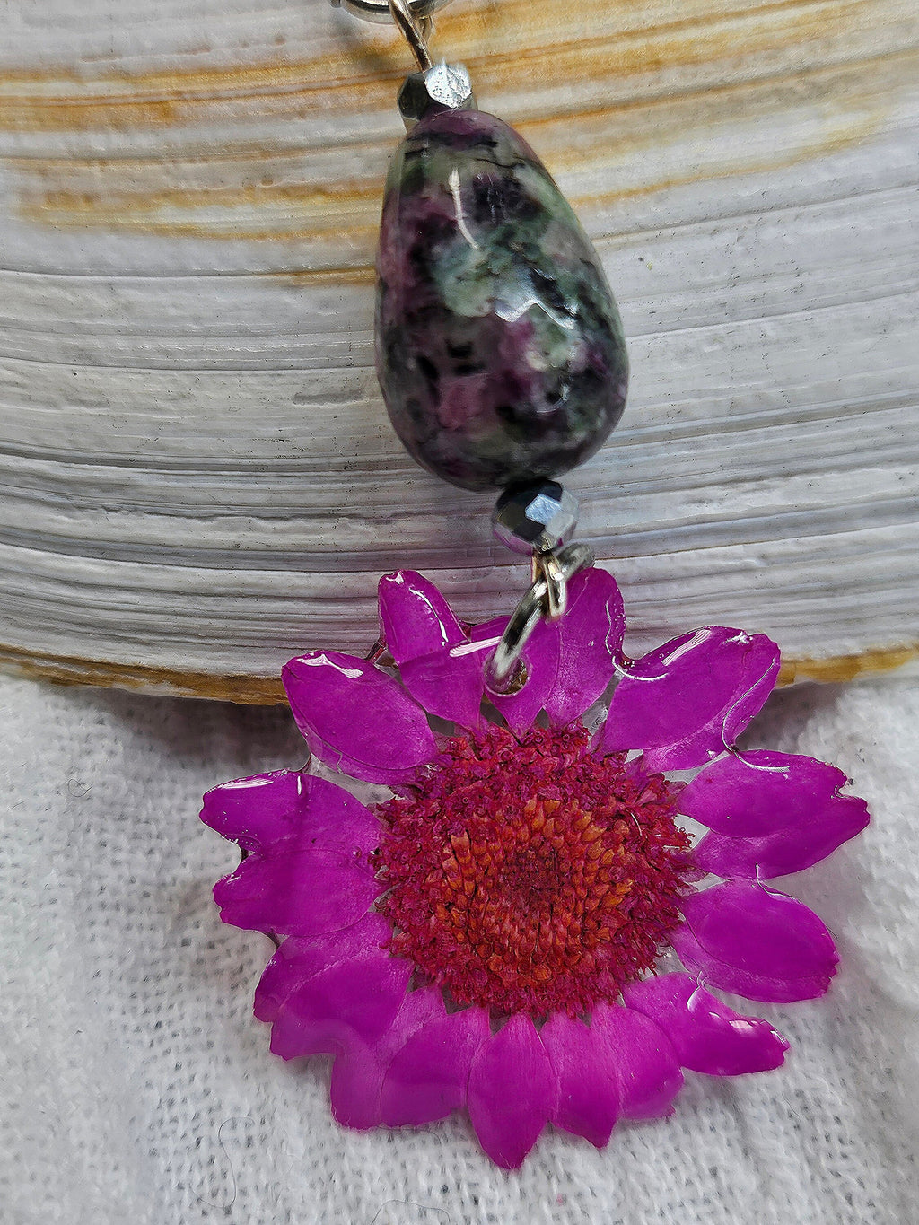 Dried Daisy  Ruby Zoisite Floral Pendant on Stainless Steel Chain for Nature Lovers Unique Nature-Inspired Jewelry Lightweight Floral