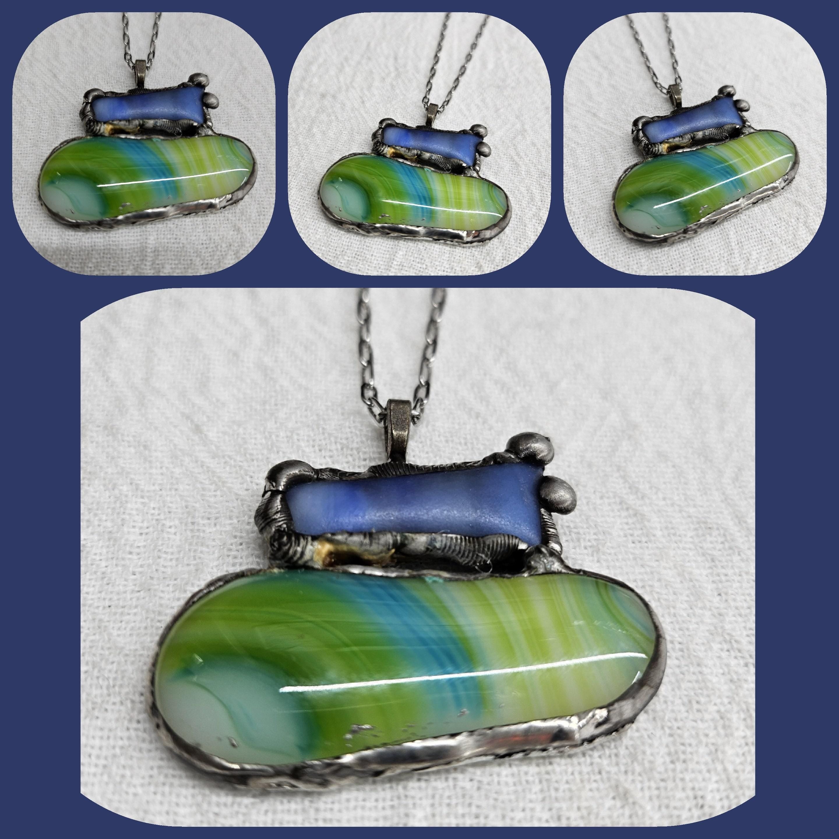 Fused Glass  Silver Soldered Pendant - Unique Rustic Boho Handmade Jewelry Gift for Her - Free Shipping Statement Piece