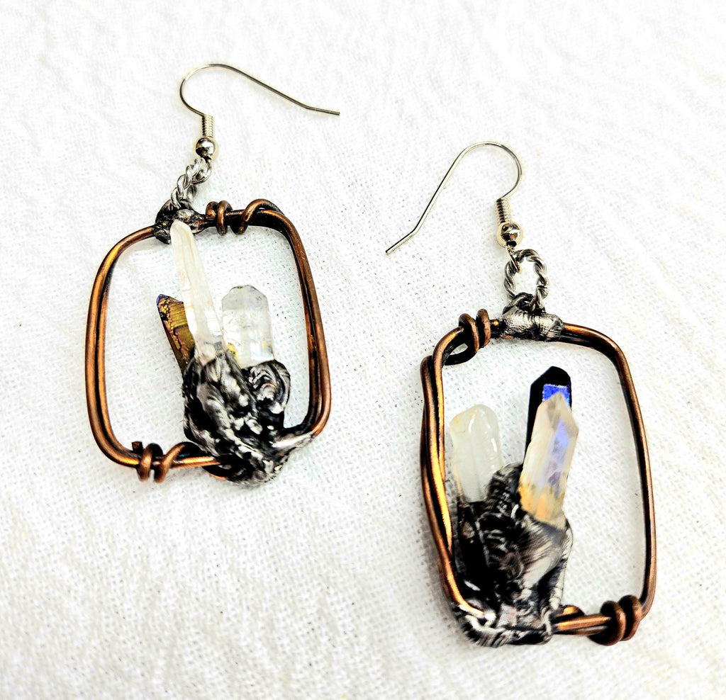 Rustic Wire  Crystal Point Earrings - Handmade Boho Jewelry Gift for Her - Unique Rustic Design with Free Shipping