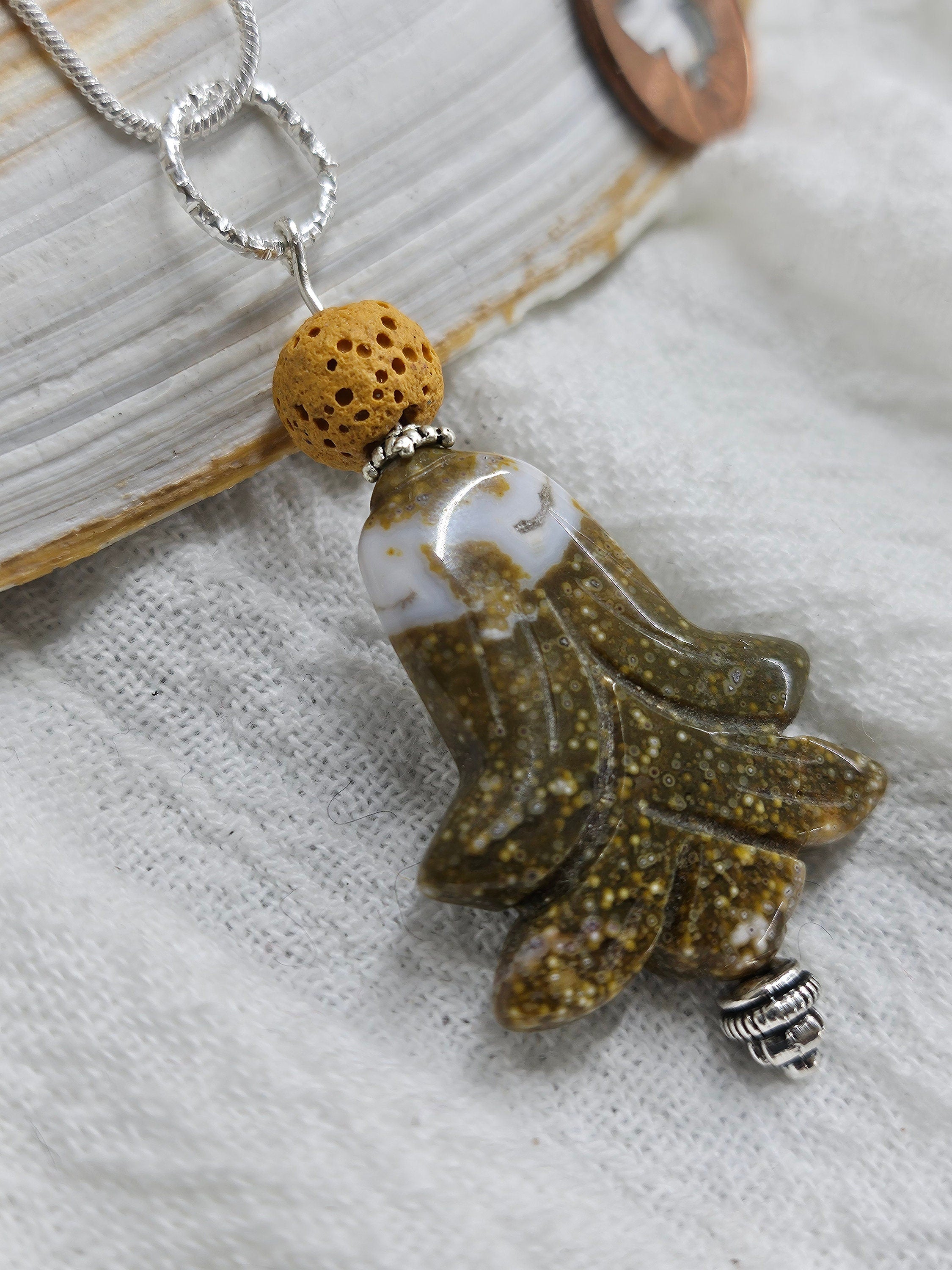 Yellow Ocean Jasper  Lava Stone Pendant on 16 Stainless Steel Chain - Unique Sunshine Jewelry Accessory for Daily Wear Gift Idea