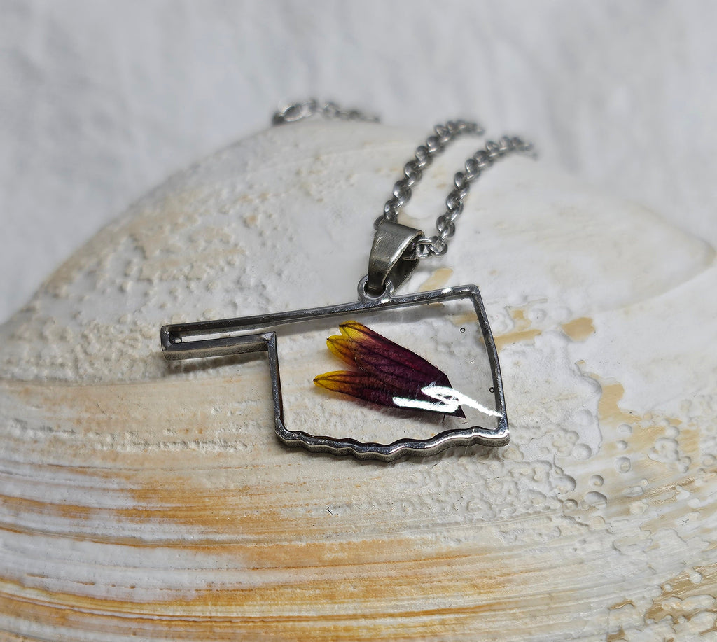 Oklahoma State Indian Blanket Flower Pendant Necklace on Stainless Steel Chain - Vibrant Floral Jewelry for Nature Lovers