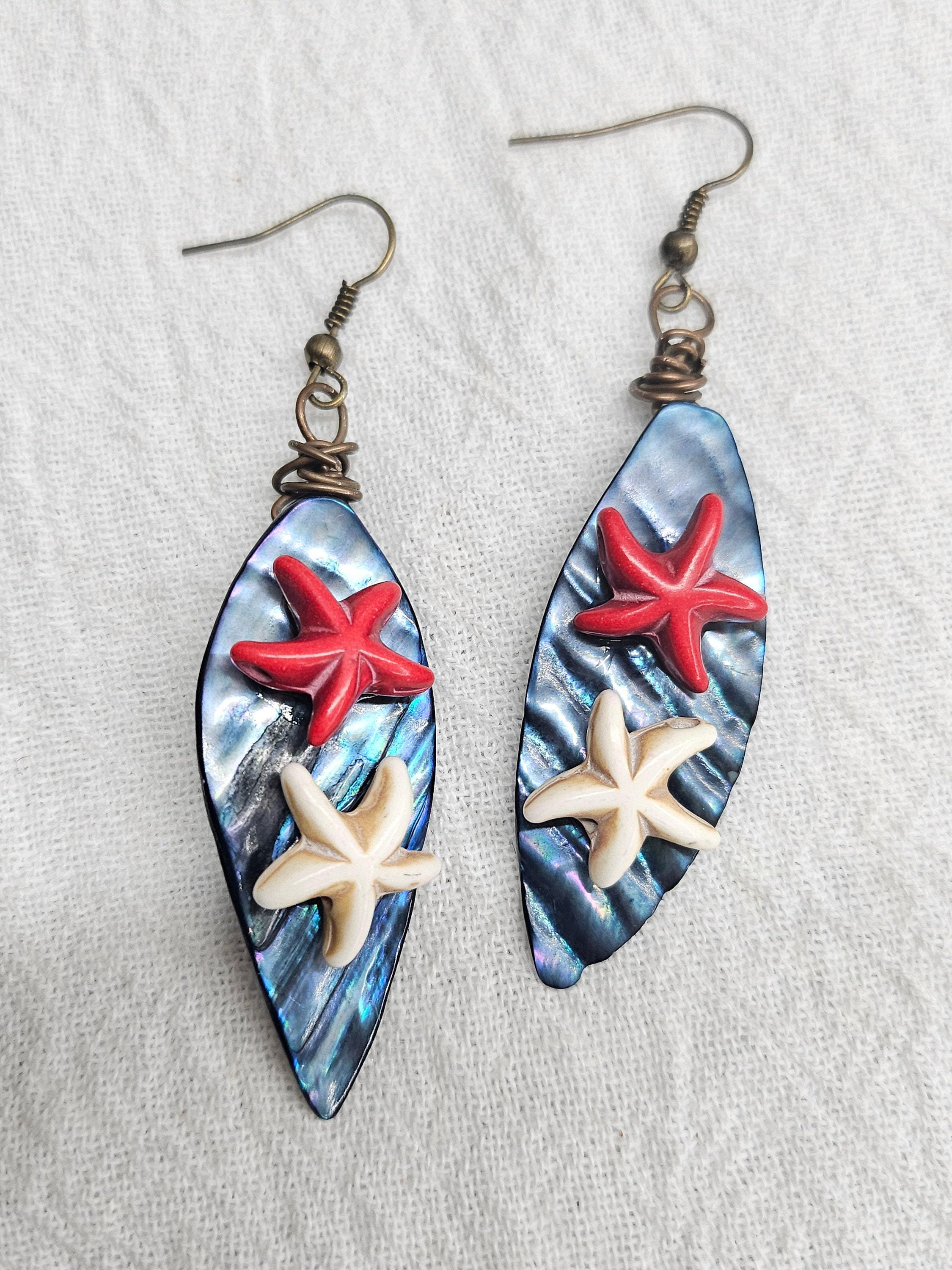 Handmade Blue Mother of Pearl  Magnesite Star Fish Earrings  Rustic Boho Jewelry Gift for Her  FREE SHIPPING