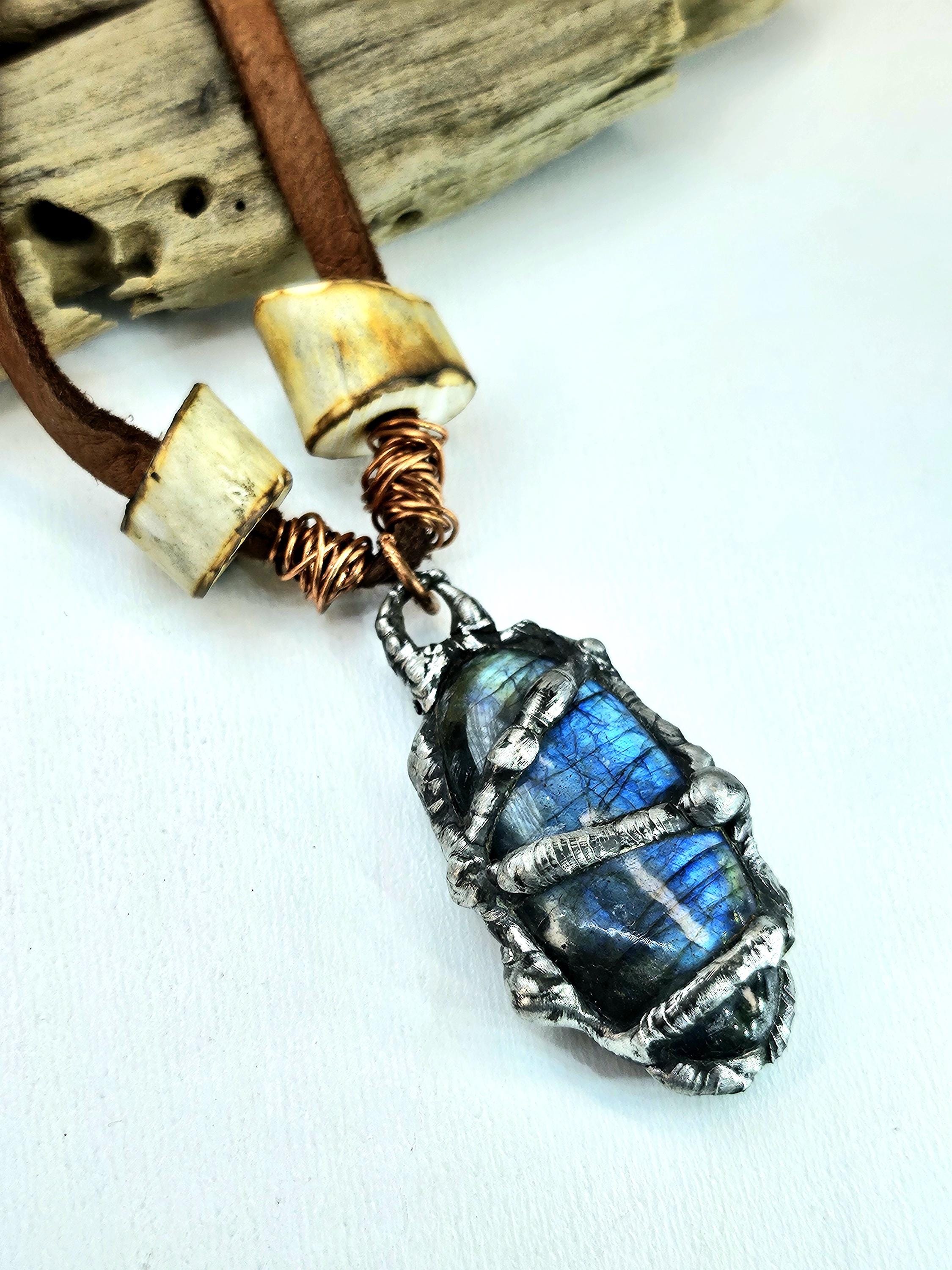 Leather Necklace with Silver-Soldered Blue Labradorite  Deer Antler Beads for Nature-Inspired Style
