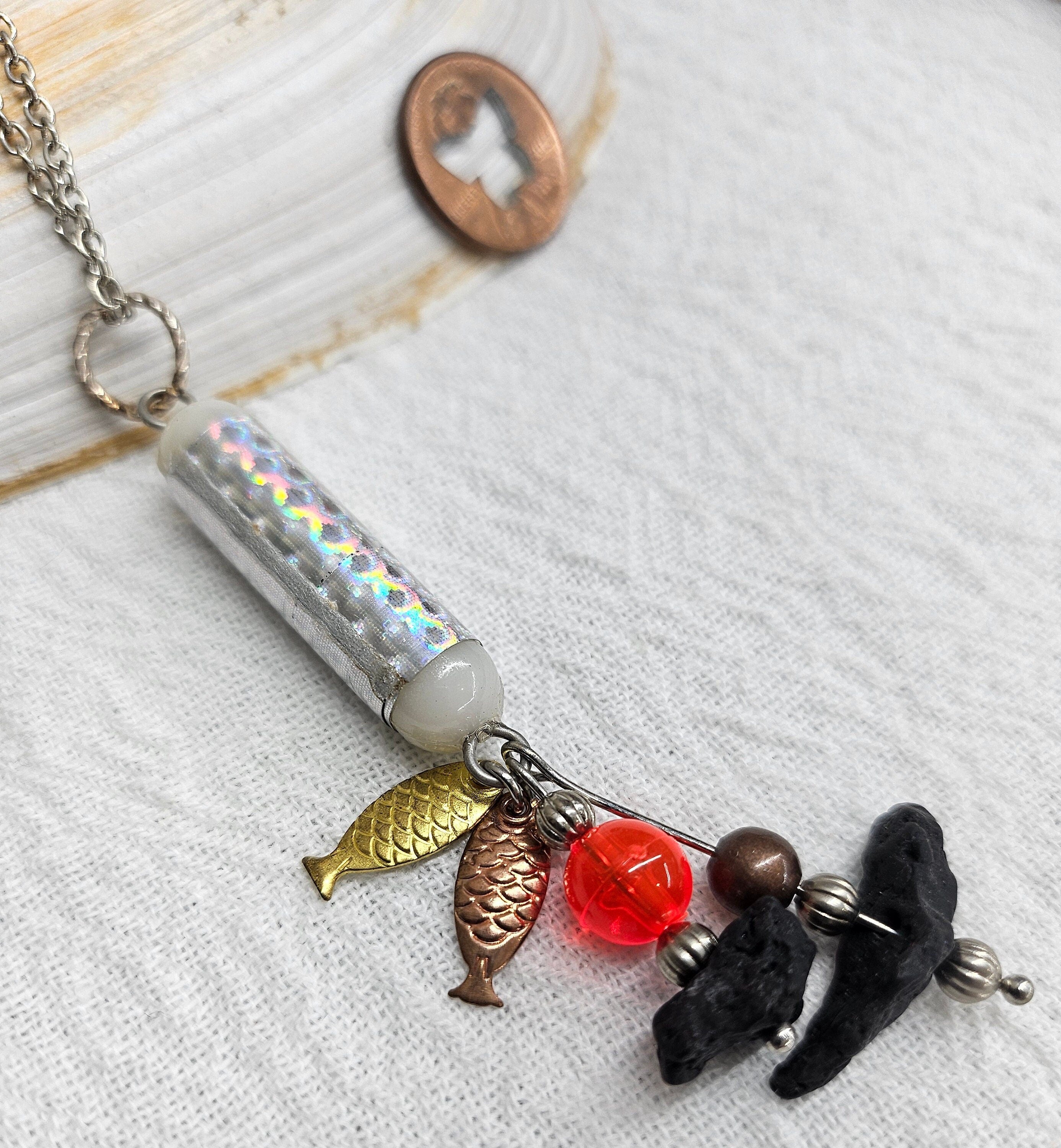 Fishing Charm Pendant with Lava Stone on Durable Stainless Steel Chain for Nature Lovers and Outdoor Enthusiasts