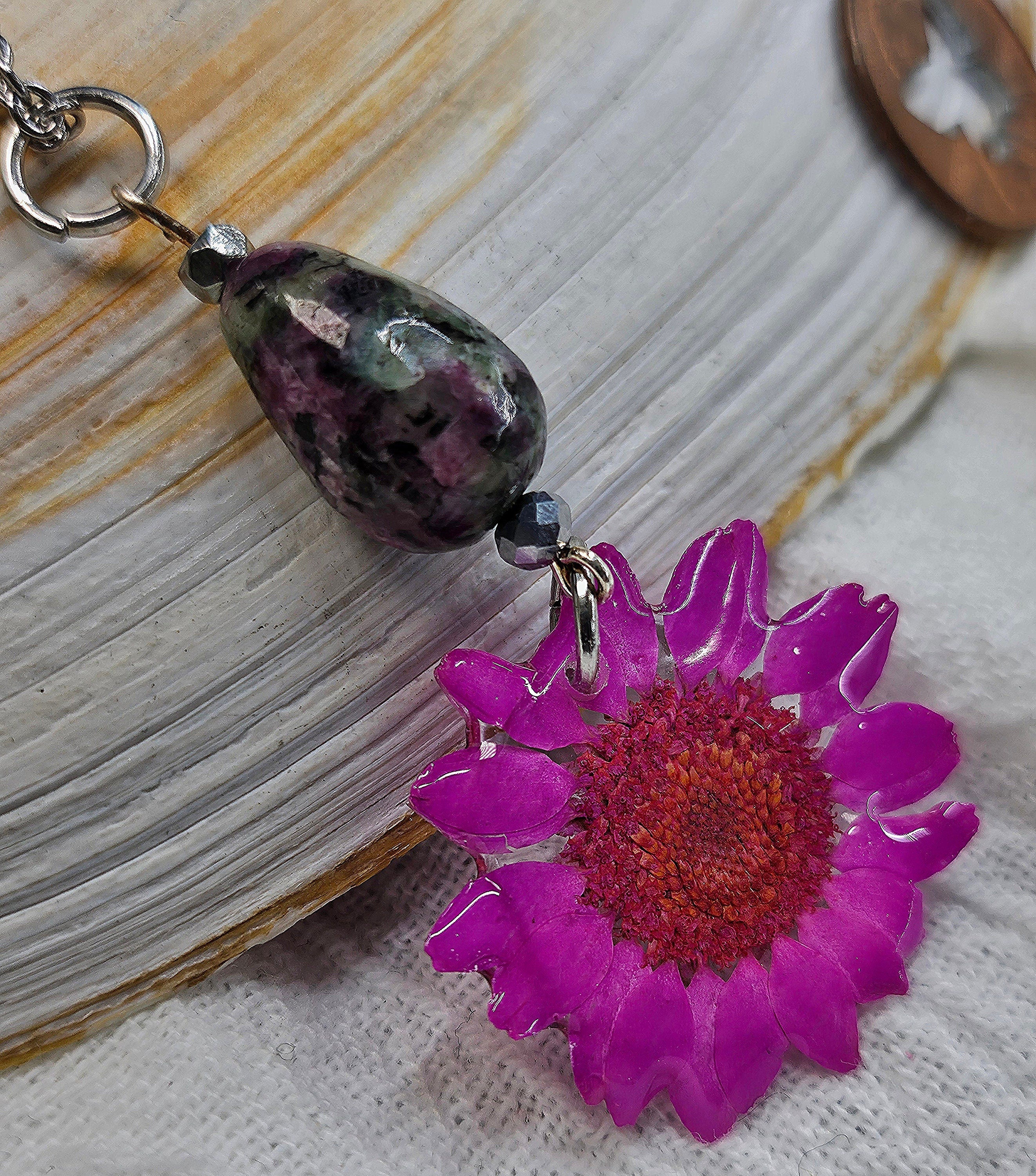 Dried Daisy  Ruby Zoisite Floral Pendant on Stainless Steel Chain for Nature Lovers Unique Nature-Inspired Jewelry Lightweight Floral