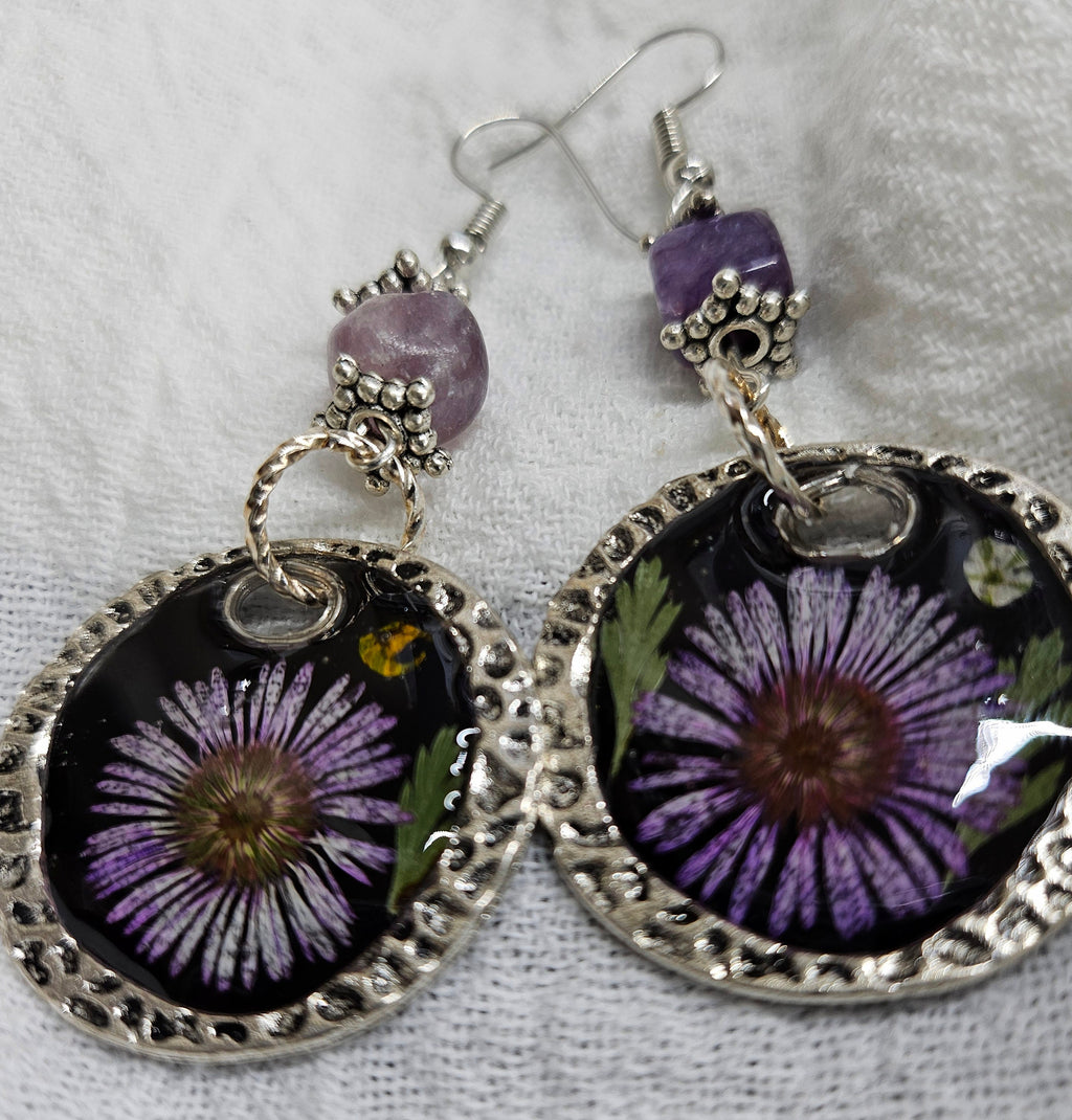 Natural Purple Daisy  Amethyst Drop Earrings for Women - Real Pressed Flowers with Sparkling Stones - Unique Floral Jewelry Gift for Her