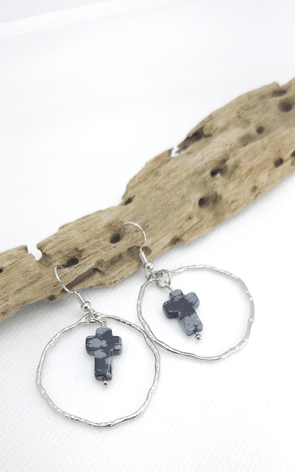 Handmade Snowflake Obsidian Cross Drop Earrings for Rustic Boho Style Elegant Stone Jewelry - Unique Gift with FREE Shipping