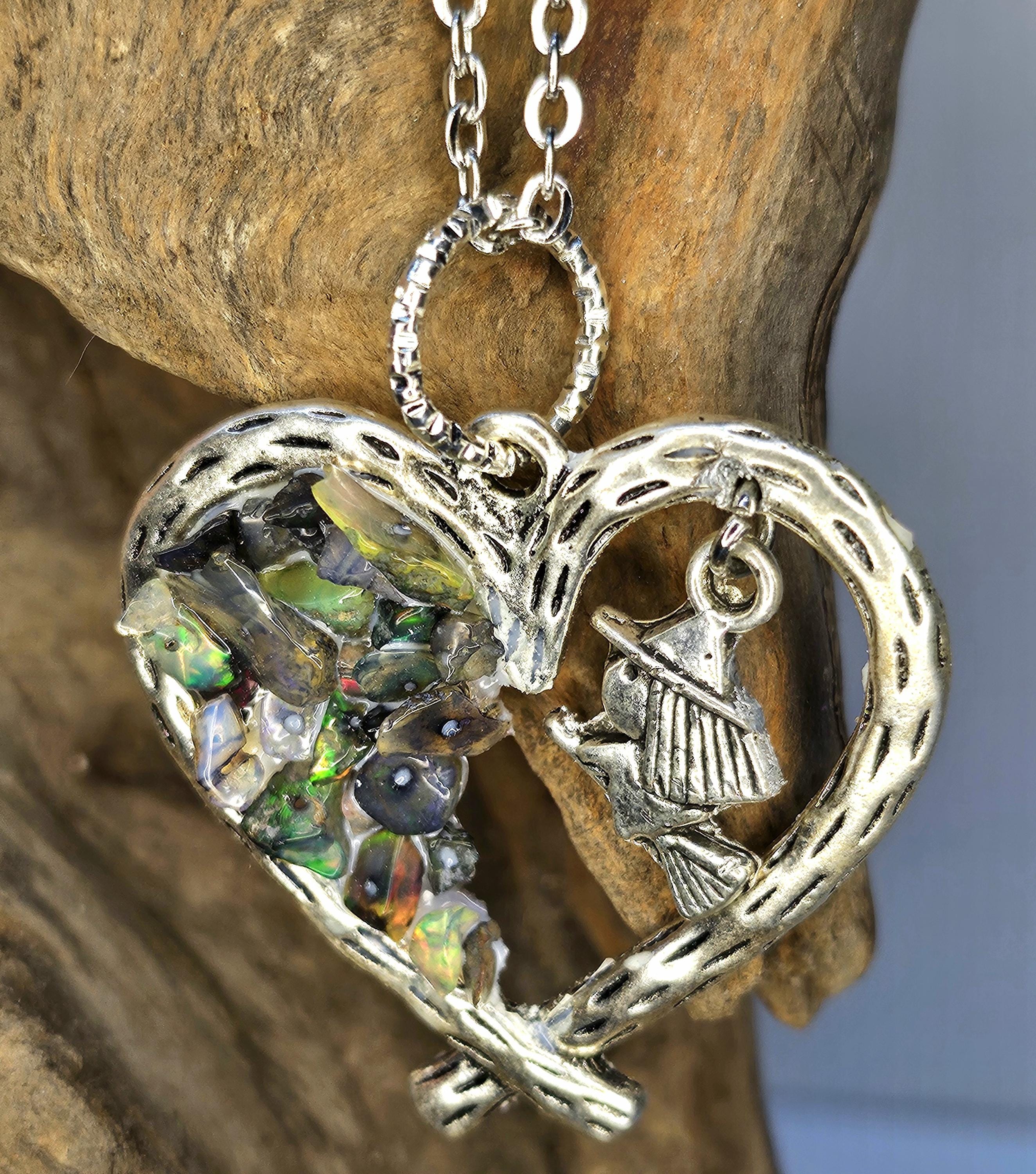 Smoked Opal Witch Charm Pendant Necklace on Stainless Steel Chain for Enchanting Magical Vibes