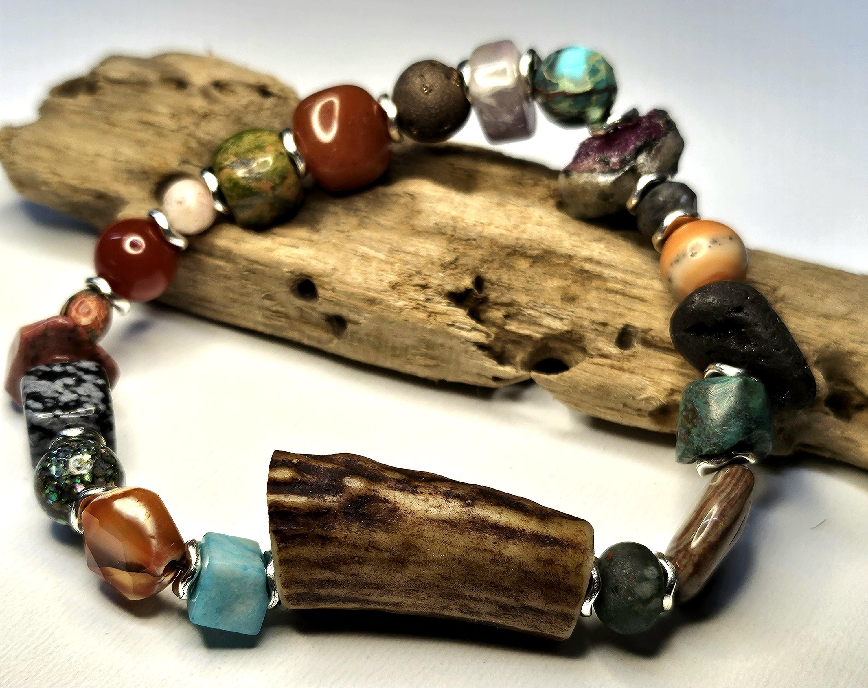Multi-Gem Stone  Ceramic Deer Antler Bracelet Rustic Boho Handmade Jewelry Gift for Her Unique Nature-Inspired Accessory with Free Shipping