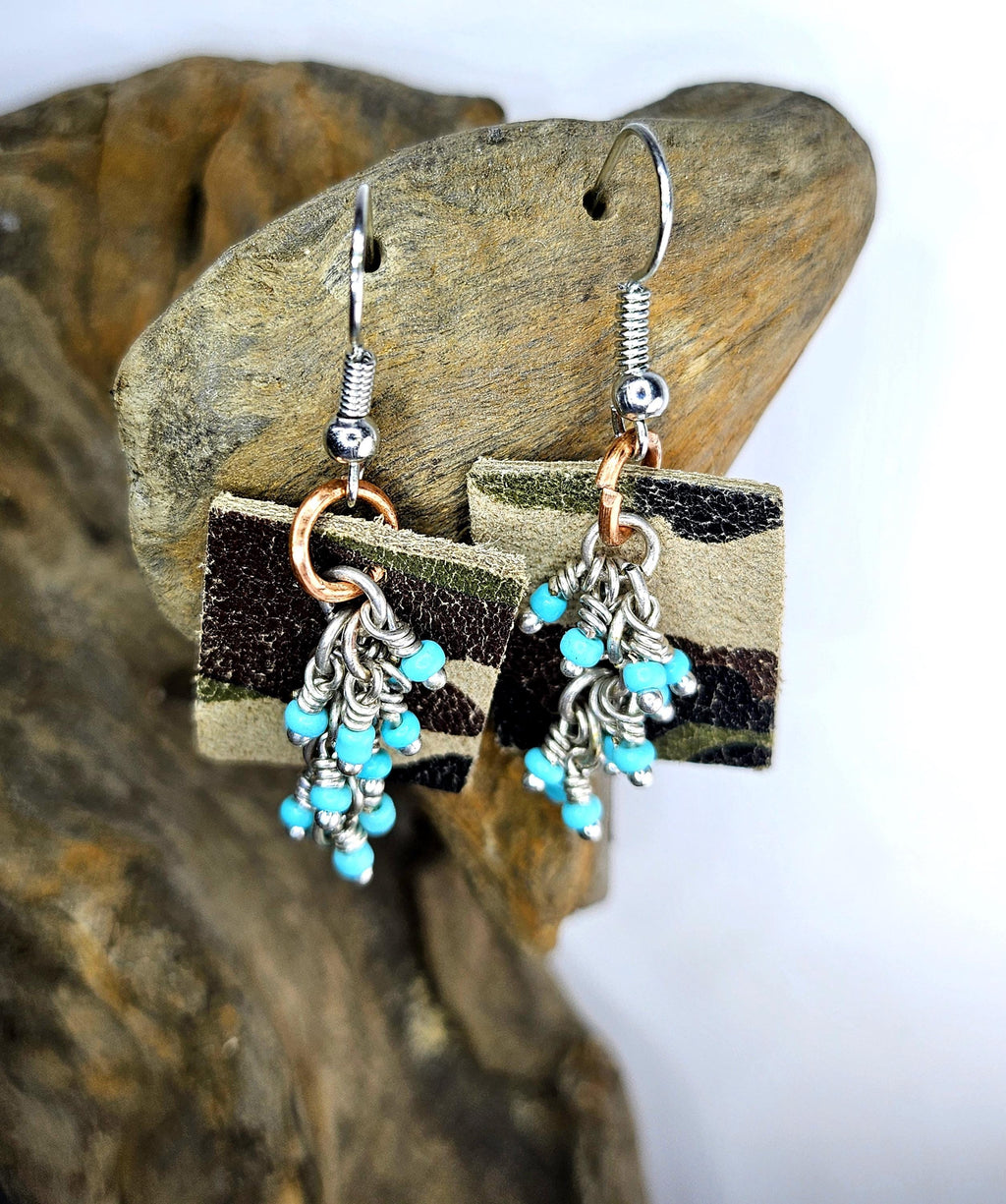 Handcut Camouflage Leather  Turquoise Earrings with Comfortable Stainless Steel Hooks for Nature Lovers
