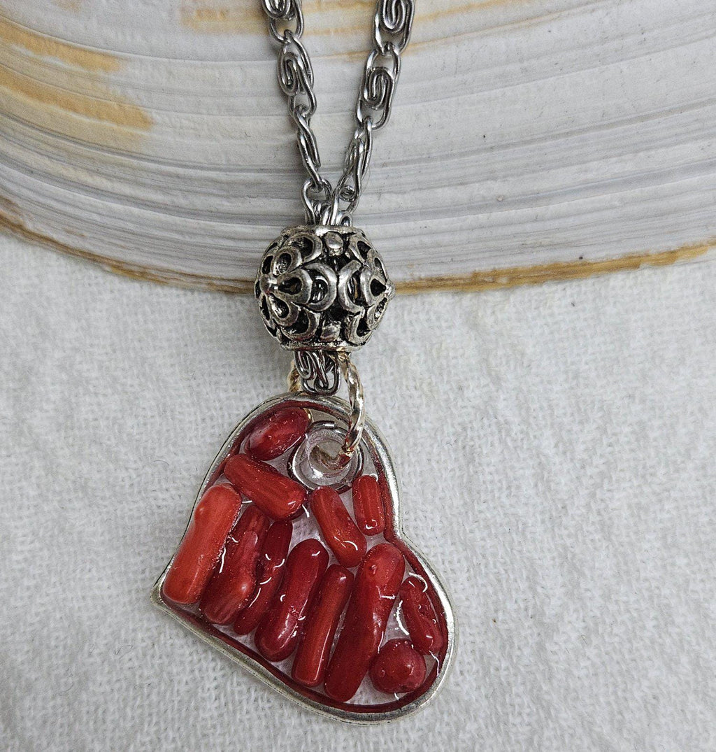 Natural Red Coral Pendant Necklace with Stainless Steel Filigree Bead on 20 Chain - Unique Ocean-Inspired Jewelry for Stylish Women