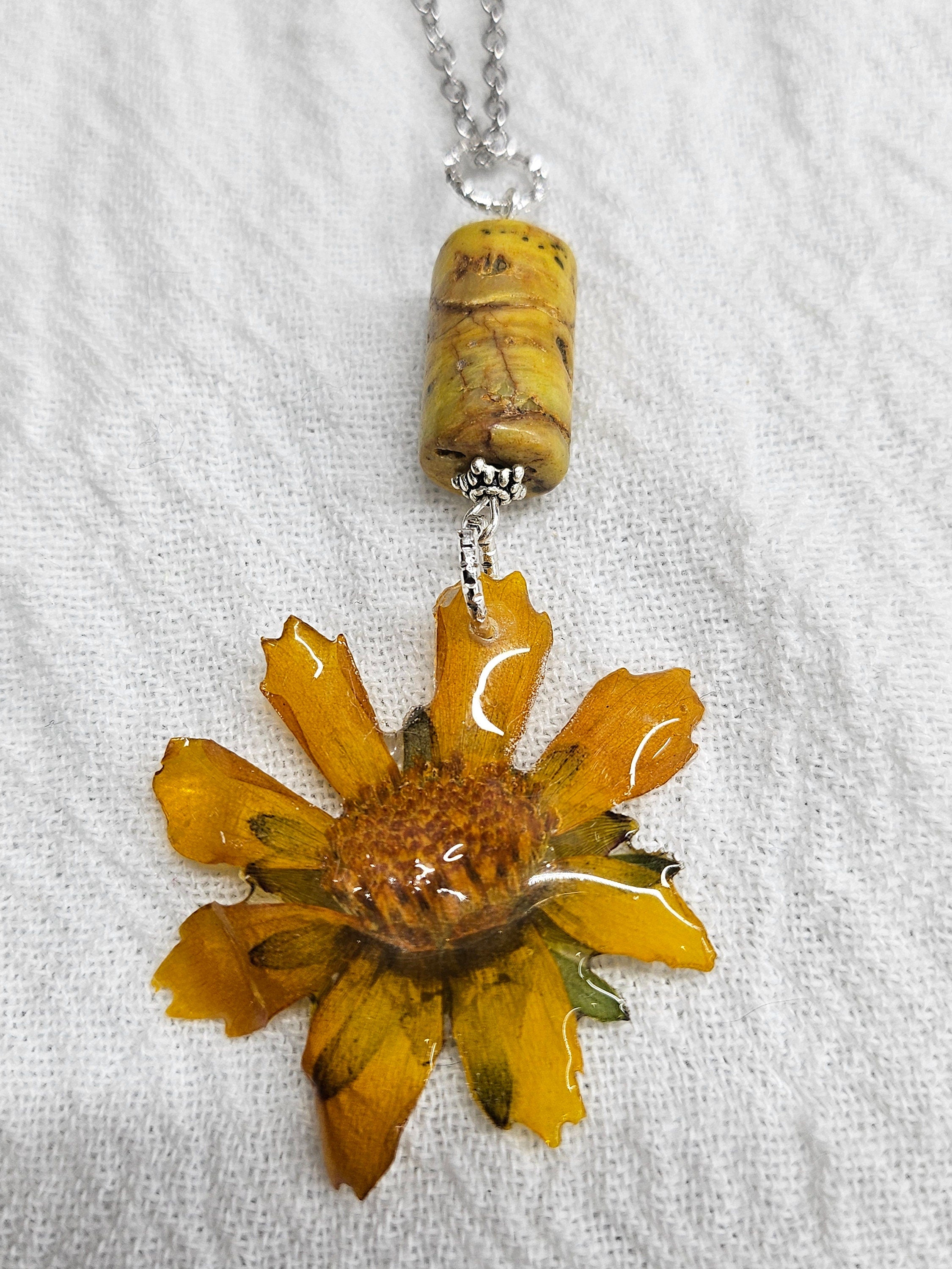 Sneezeweed Flower  Yellow Crazy Lace Agate Pendant on Stainless Steel Chain - Whimsical Nature-Inspired Jewelry for Flower Children