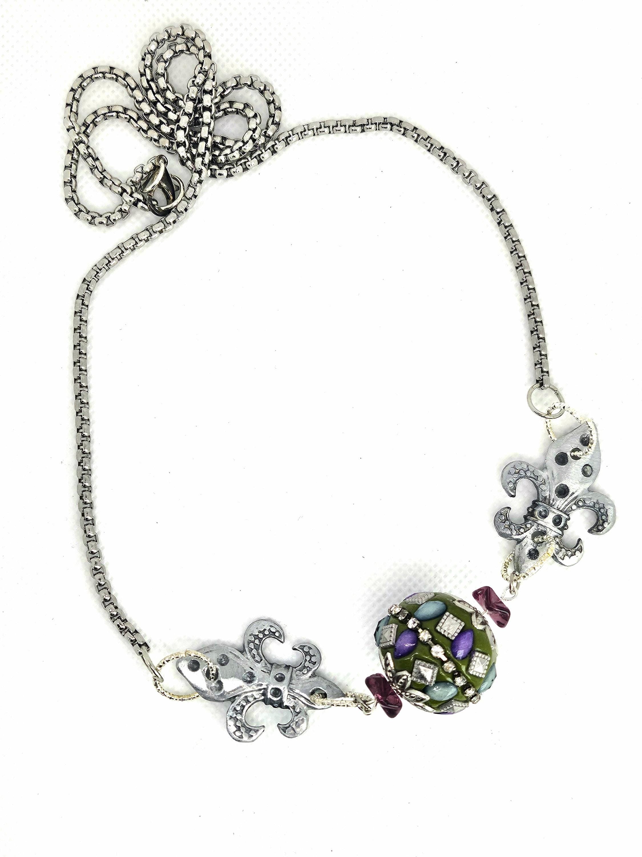 Fleur De Lis Jesse James Bead Pendant Necklace - Rustic Boho Handmade Jewelry Gift for Her - FREE Shipping Unique Accessory for Rustic