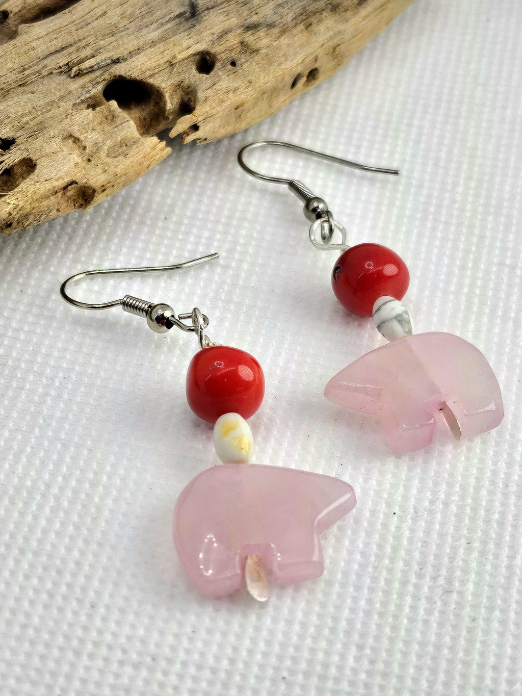 Handcrafted Red Coral  Rose Quartz Zuni Bear Earrings in Durable Stainless Steel - Rustic Boho Charm for Fashionistas Perfect Gift