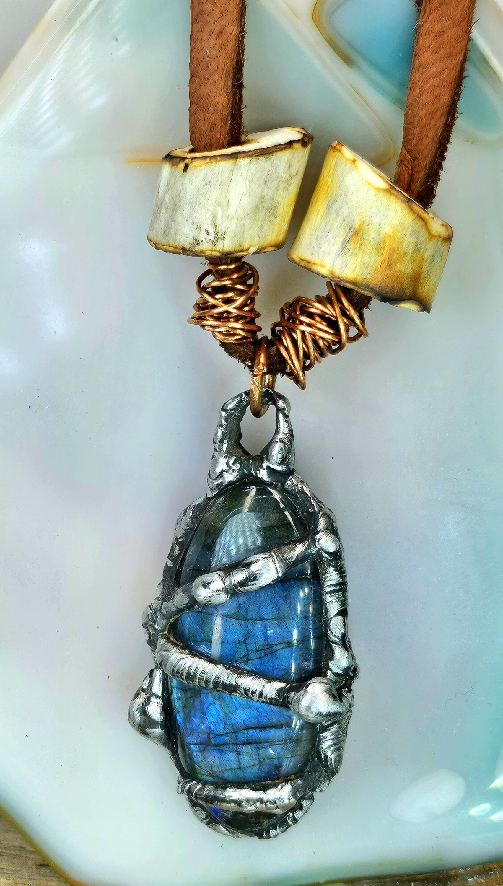 Leather Necklace with Silver-Soldered Blue Labradorite  Deer Antler Beads for Nature-Inspired Style