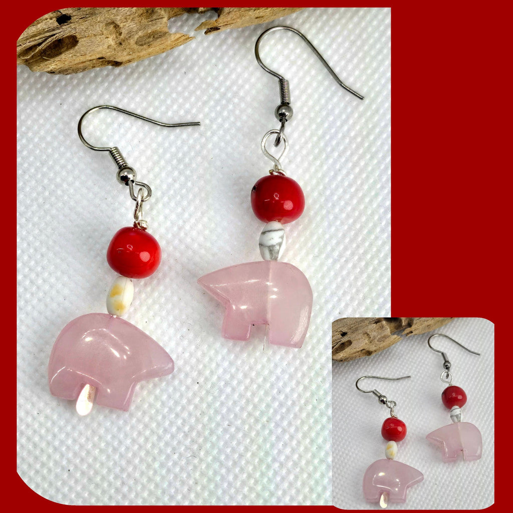 Handcrafted Red Coral  Rose Quartz Zuni Bear Earrings in Durable Stainless Steel - Rustic Boho Charm for Fashionistas Perfect Gift