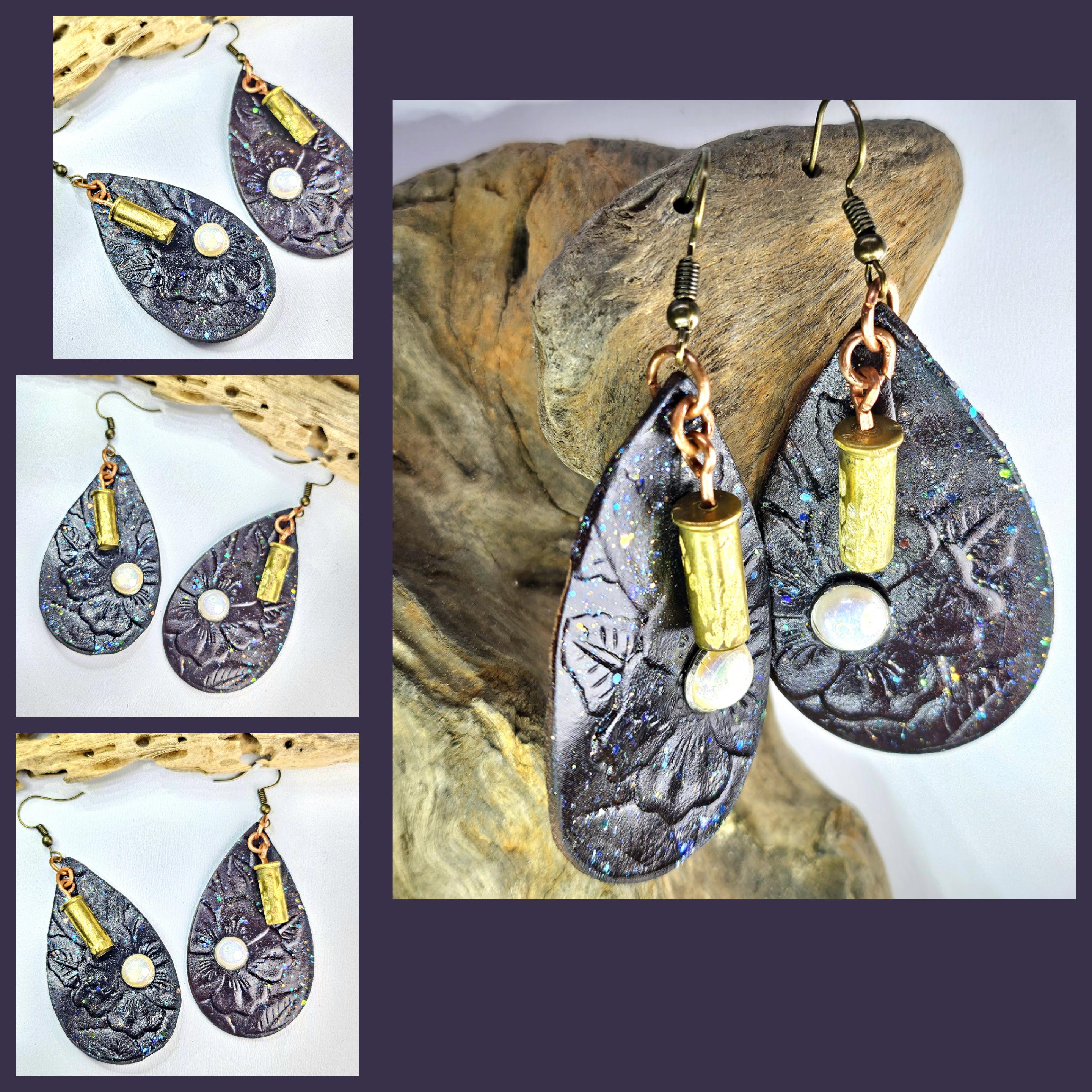 Embossed Leather Pearl Stud Earrings with 22 Bullet Brass Detail - Unique Fashion Statement for Bold Style