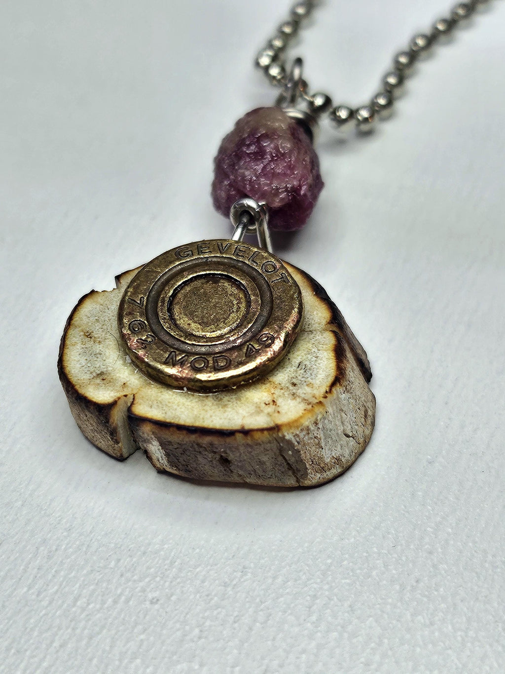 Deer Antler Slice Pendant with Bullet Brass  Pink Tourmaline Rustic Boho Handmade Jewelry Gift for Her Free Shipping