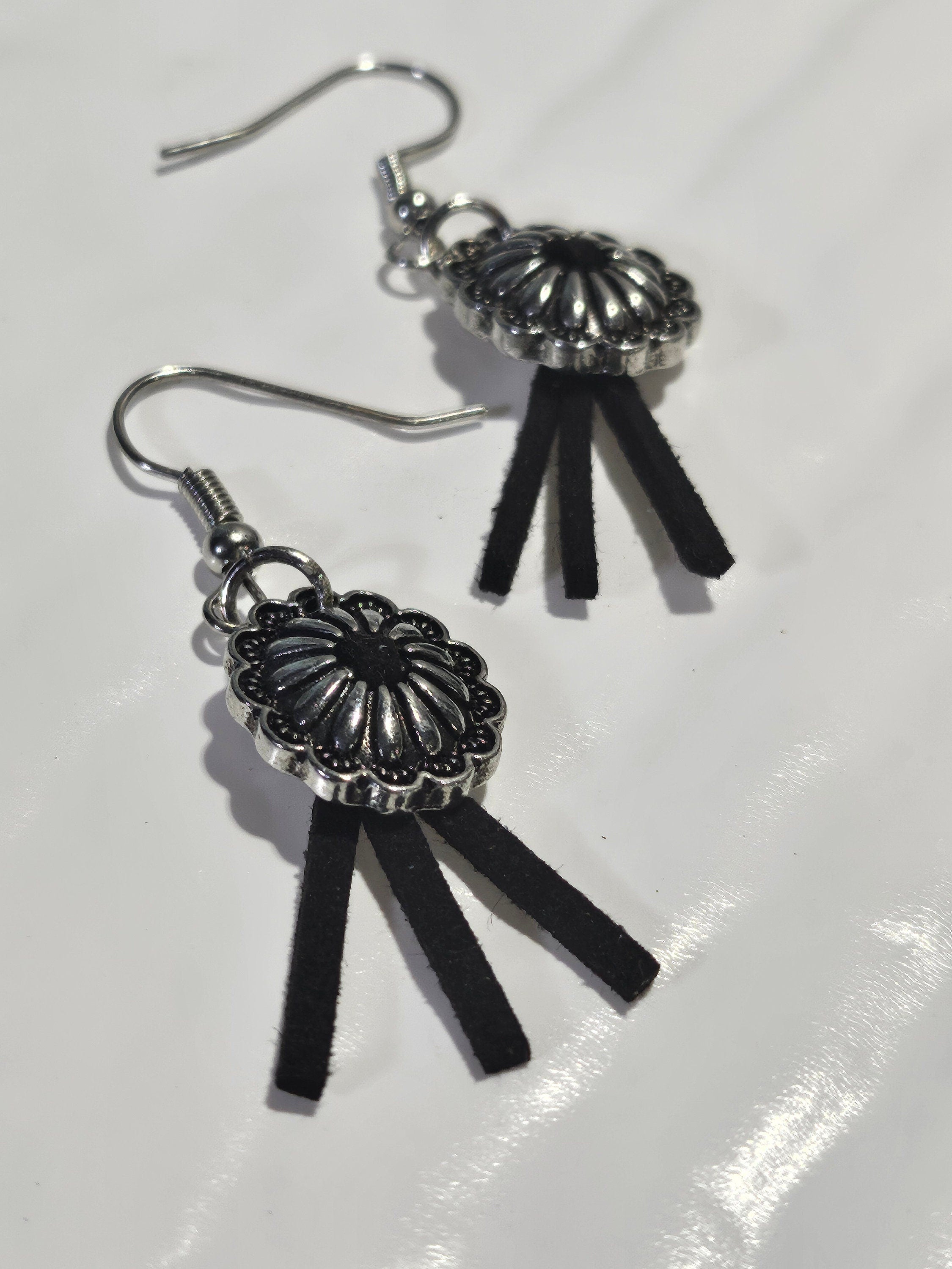1-Inch Black Leather Concho Earrings with Stainless Steel Hooks for Trendy Style  All-Day Comfort