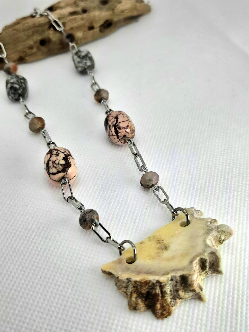 Unique Deer Antler Slice Necklace with Semi-Precious Stones on Stainless Steel Chain - Ethically Sourced Woodland Jewelry for Nature Lovers