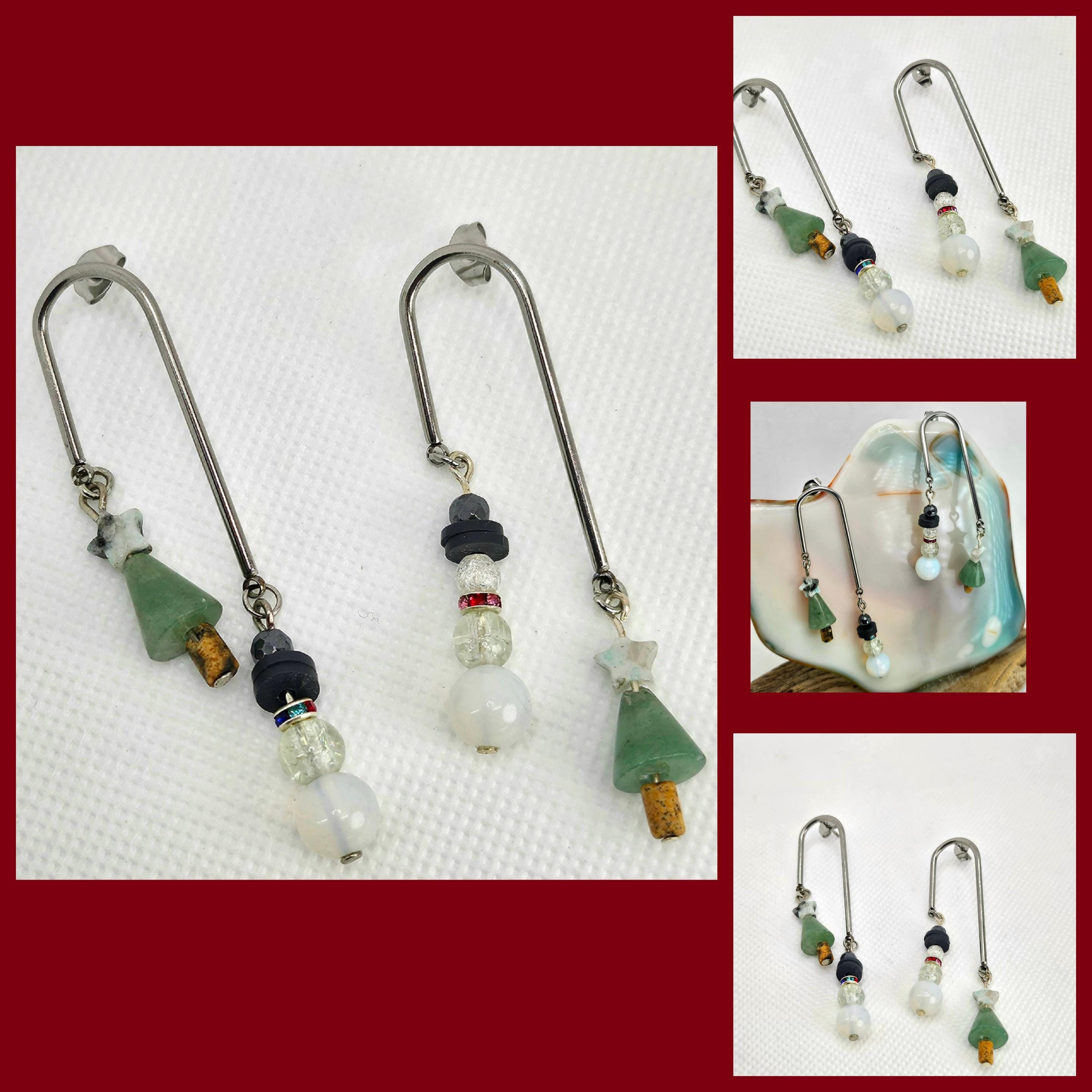 Green Aventurine & Mother of Pearl Christmas Earrings Rustic Boho Handmade Jewelry Gift for Her Free Shipping | Rustic Boho Jewelry #370