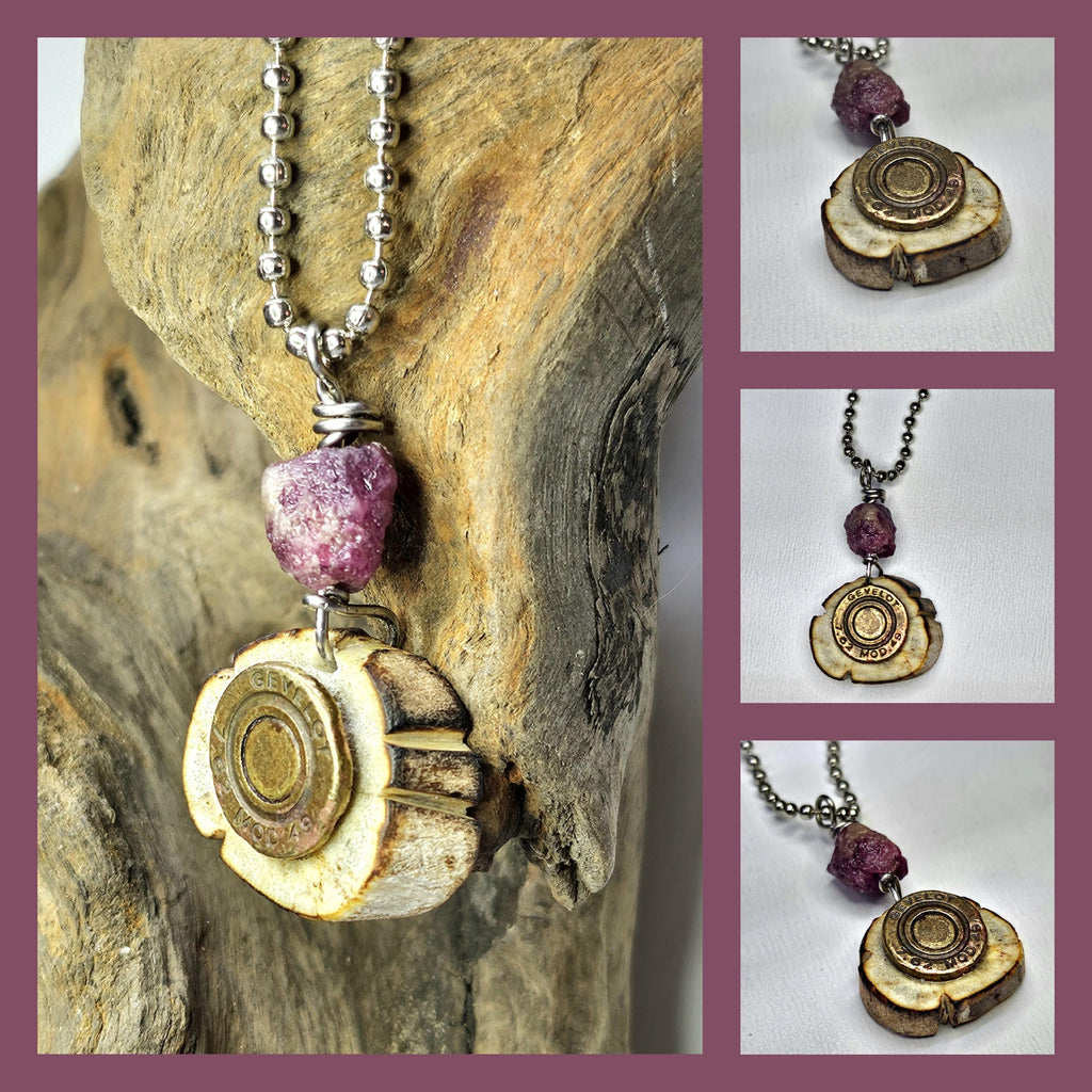 Deer Antler Slice Pendant with Bullet Brass  Pink Tourmaline Rustic Boho Handmade Jewelry Gift for Her Free Shipping