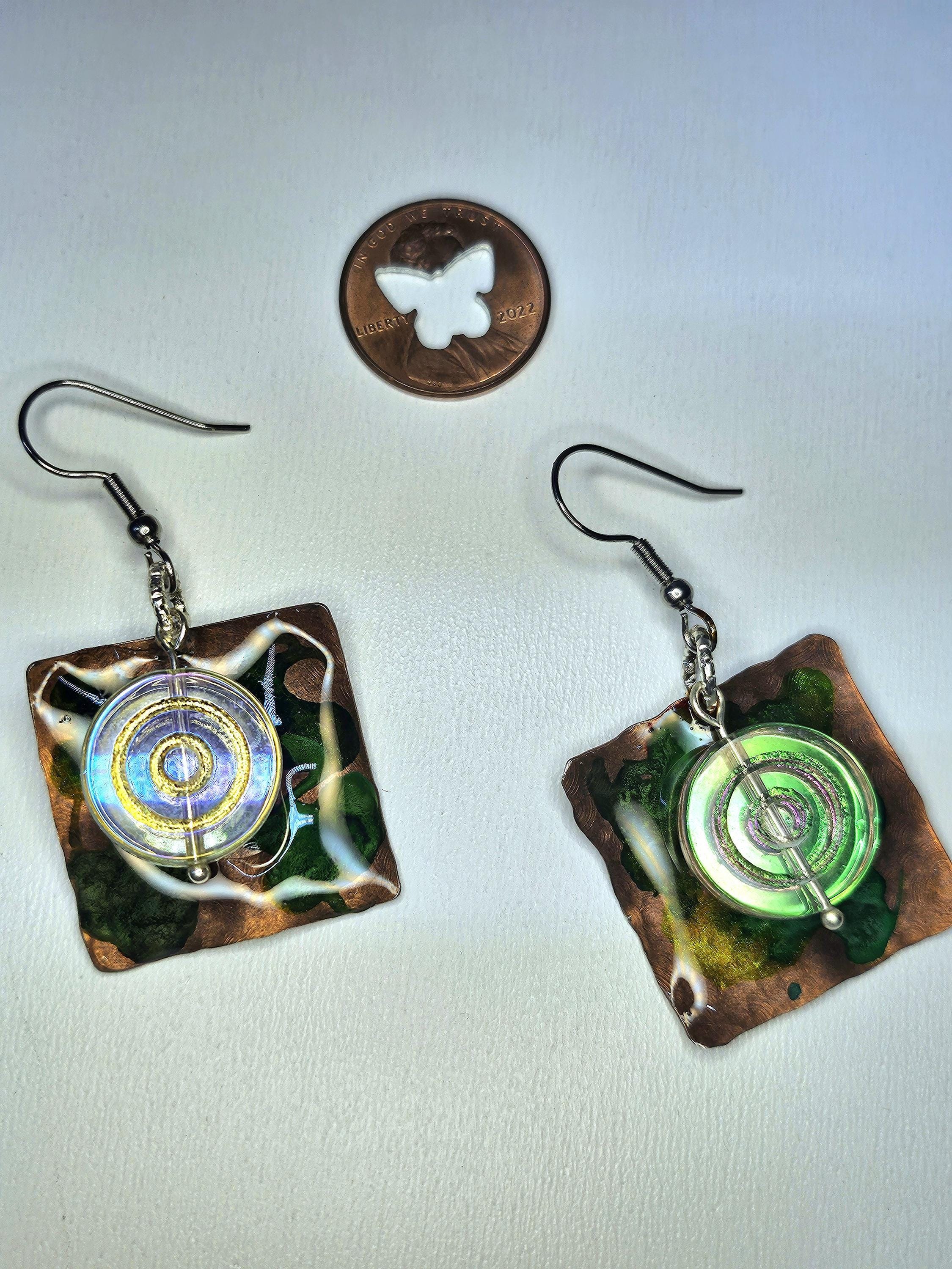 Hand Textured Copper  Czech Glass Rustic Boho Earrings Handmade Jewelry Gift for Her Free Shipping Unique Style 239