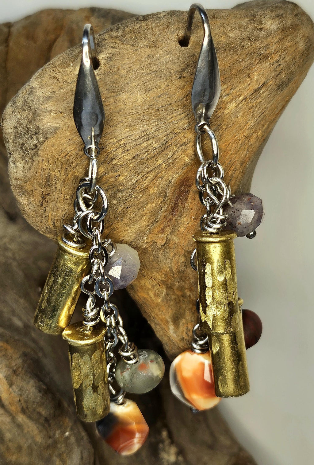 Hand Textured 22 Shell Earrings with Carnelian Amethyst  Bloodstone Beads on Stainless Steel Hooks  Unique Statement Jewelry