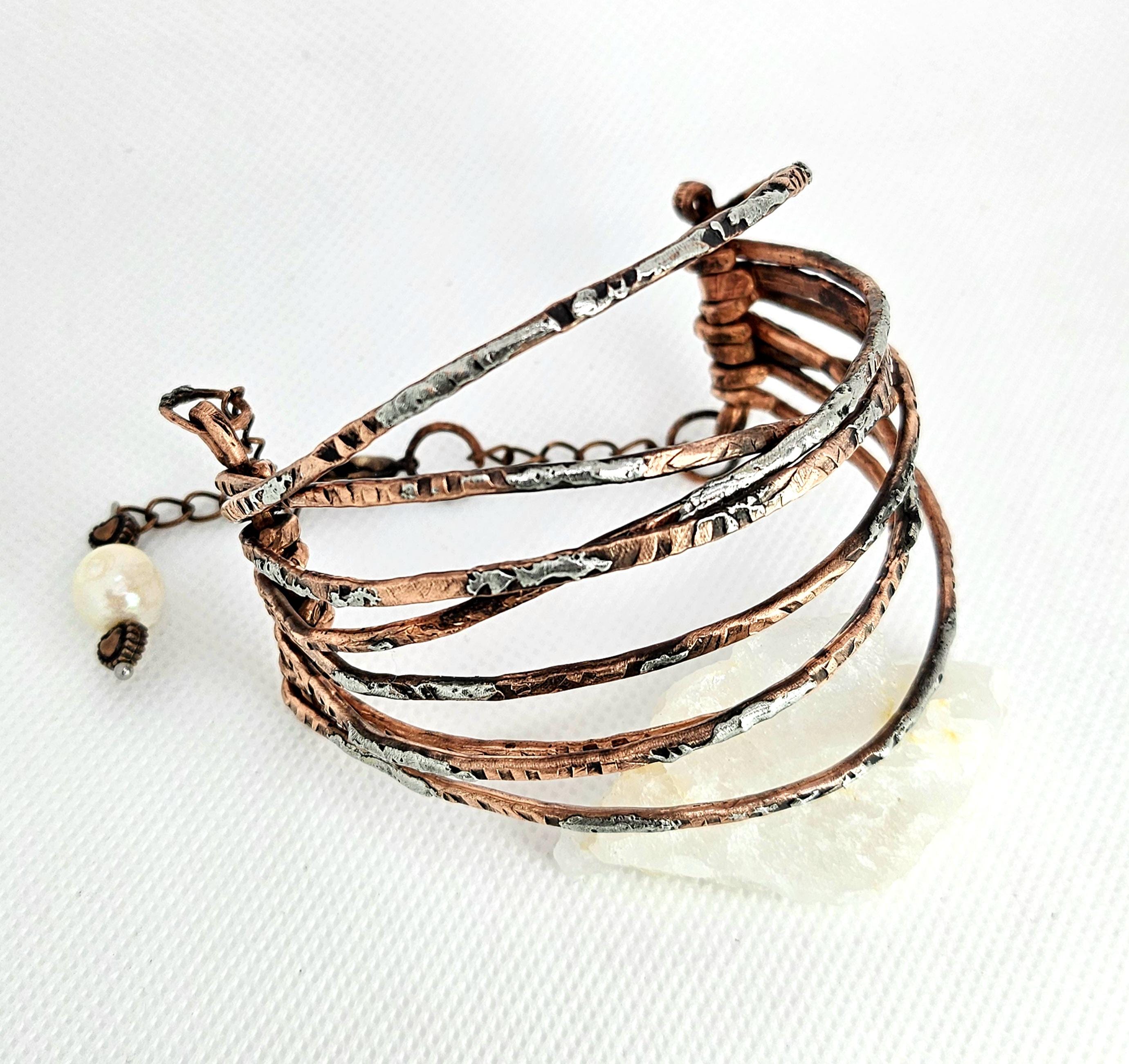 Hand Textured Copper Wire Bracelet with Silver Solder Accent  Rustic Charm Jewelry for Stylish Wrist Hugs  Unique Artisan Accessory