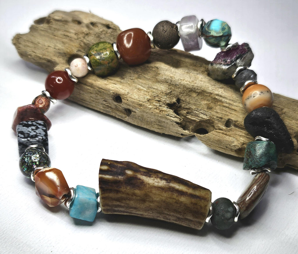 Multi-Gem Stone  Ceramic Deer Antler Bracelet Rustic Boho Handmade Jewelry Gift for Her Unique Nature-Inspired Accessory with Free Shipping