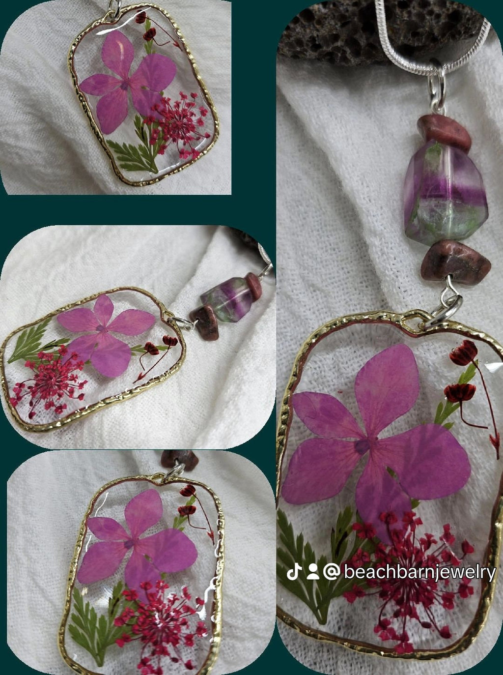 Natural Dried Flower  Fluorite Stone Pendant Necklace with Durable Stainless Steel Chain for Nature Lovers Bohemian Jewelry