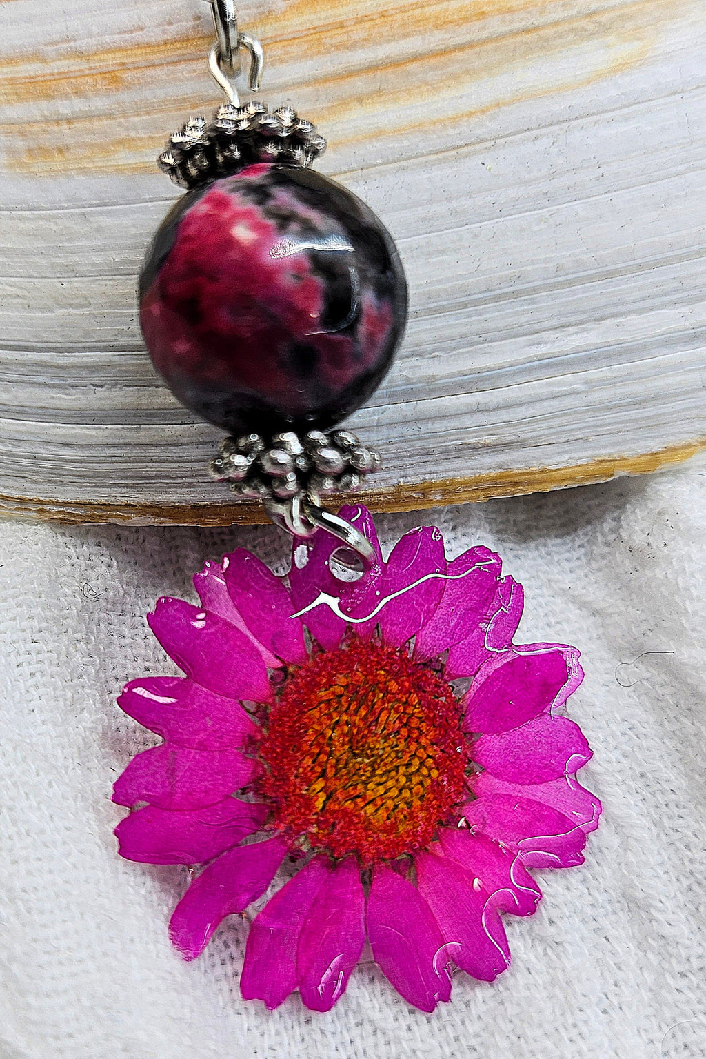 Natural Daisy  Ruby Zoisite Pendant on Stainless Steel Chain - Unique Nature-Inspired Jewelry for Flower Lovers  Fashion Enthusiasts