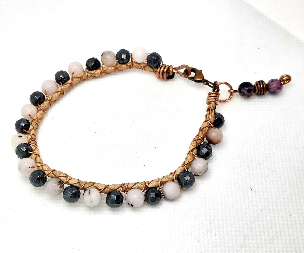 Rutilated Quartz  Hematite Leather Bracelet - Rustic Boho Handmade Jewelry Gift for Her - FREE SHIPPING