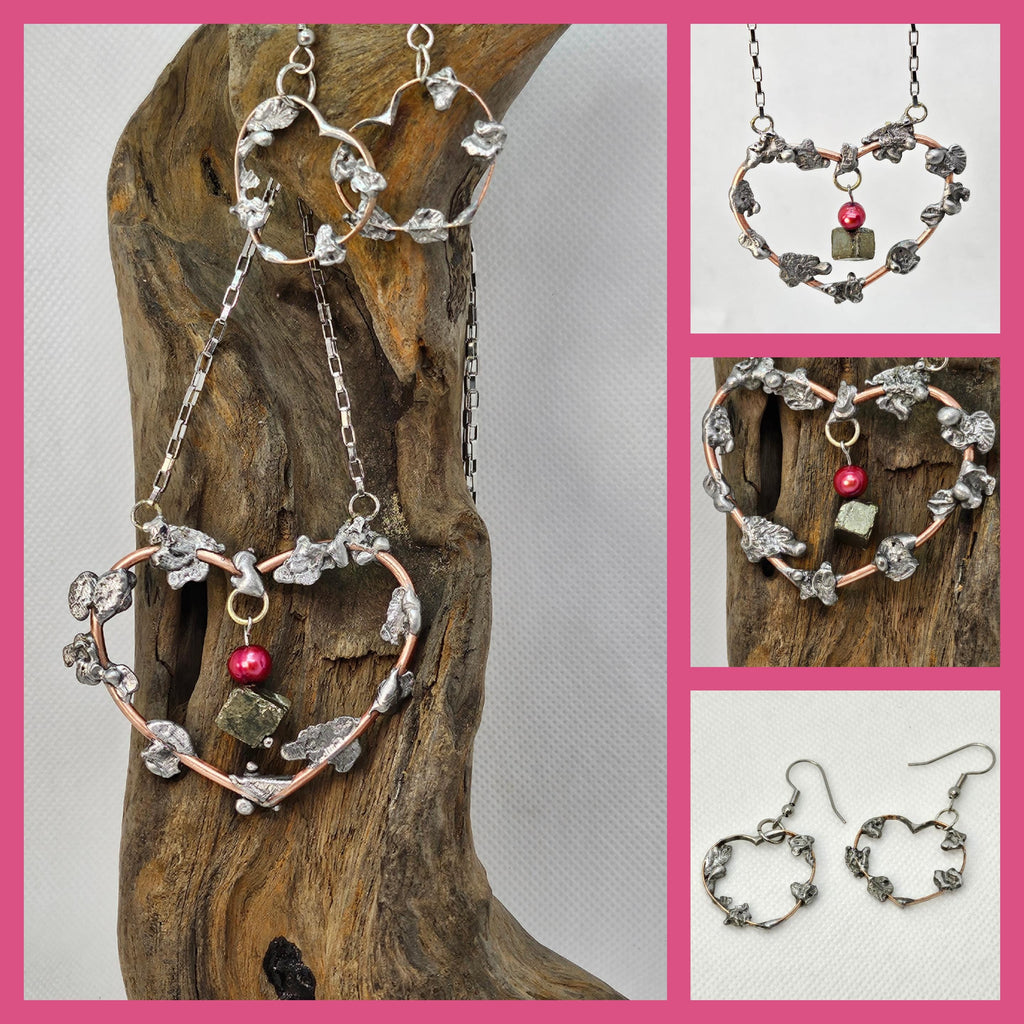 Handcrafted Pink Freshwater Pearl Necklace  Earring Set with Sparkling Pyrite Accents Durable Copper Wire Stainless Steel Hooks