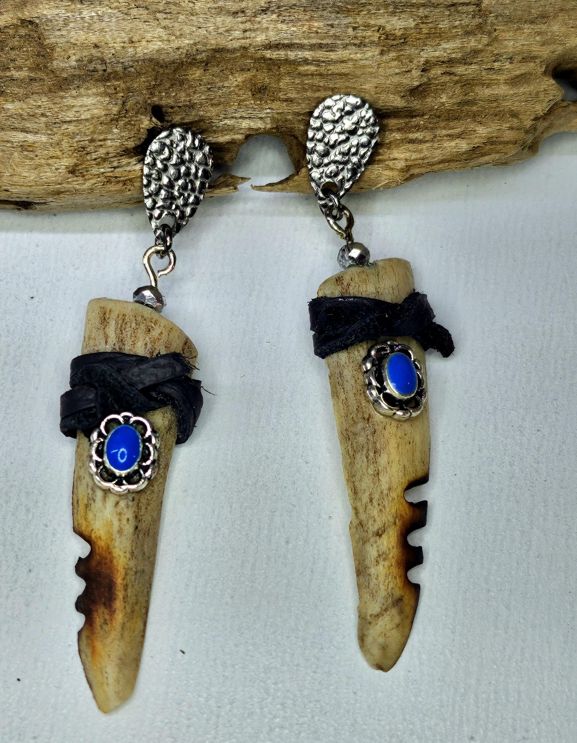 Handmade Rustic Boho Split Deer Antler Tine  Leather Earrings with Turquoise and Gemstones - Unique Gift for Her Free Shipping
