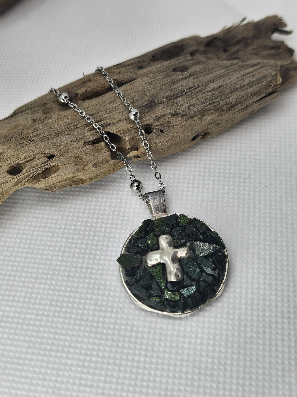 Micro Mosaic Cross Pendant on Durable Stainless Steel Chain - Artistic Jewelry for Unique Style and Conversation Starters