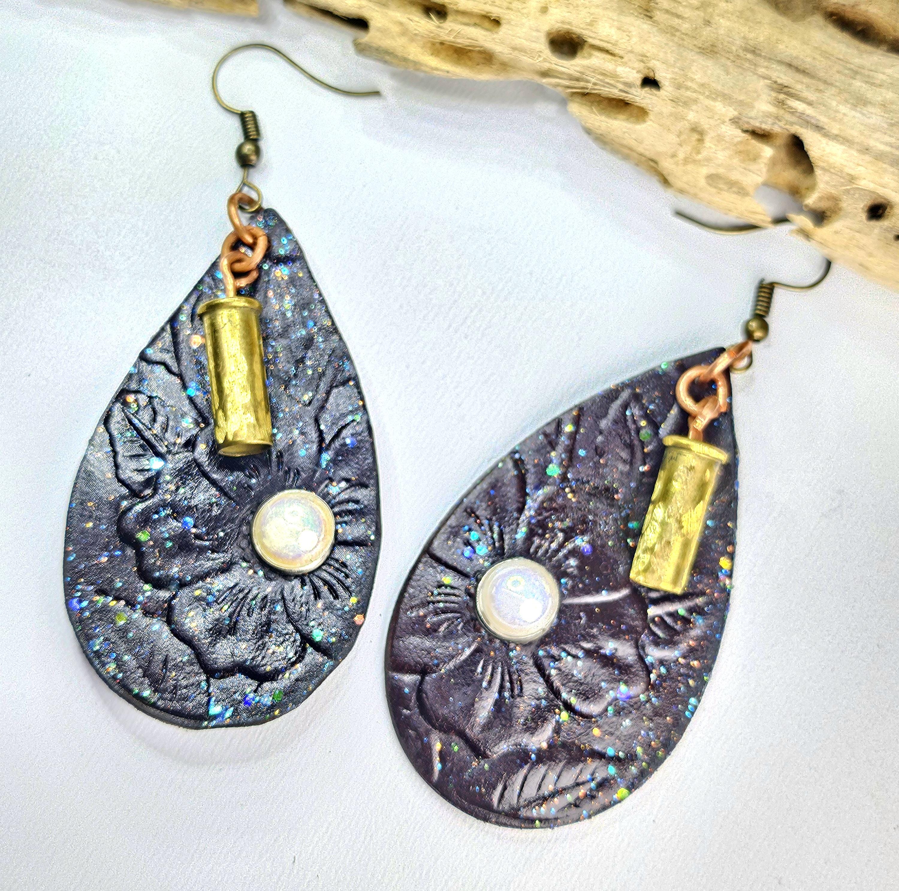 Embossed Leather Pearl Stud Earrings with 22 Bullet Brass Detail - Unique Fashion Statement for Bold Style