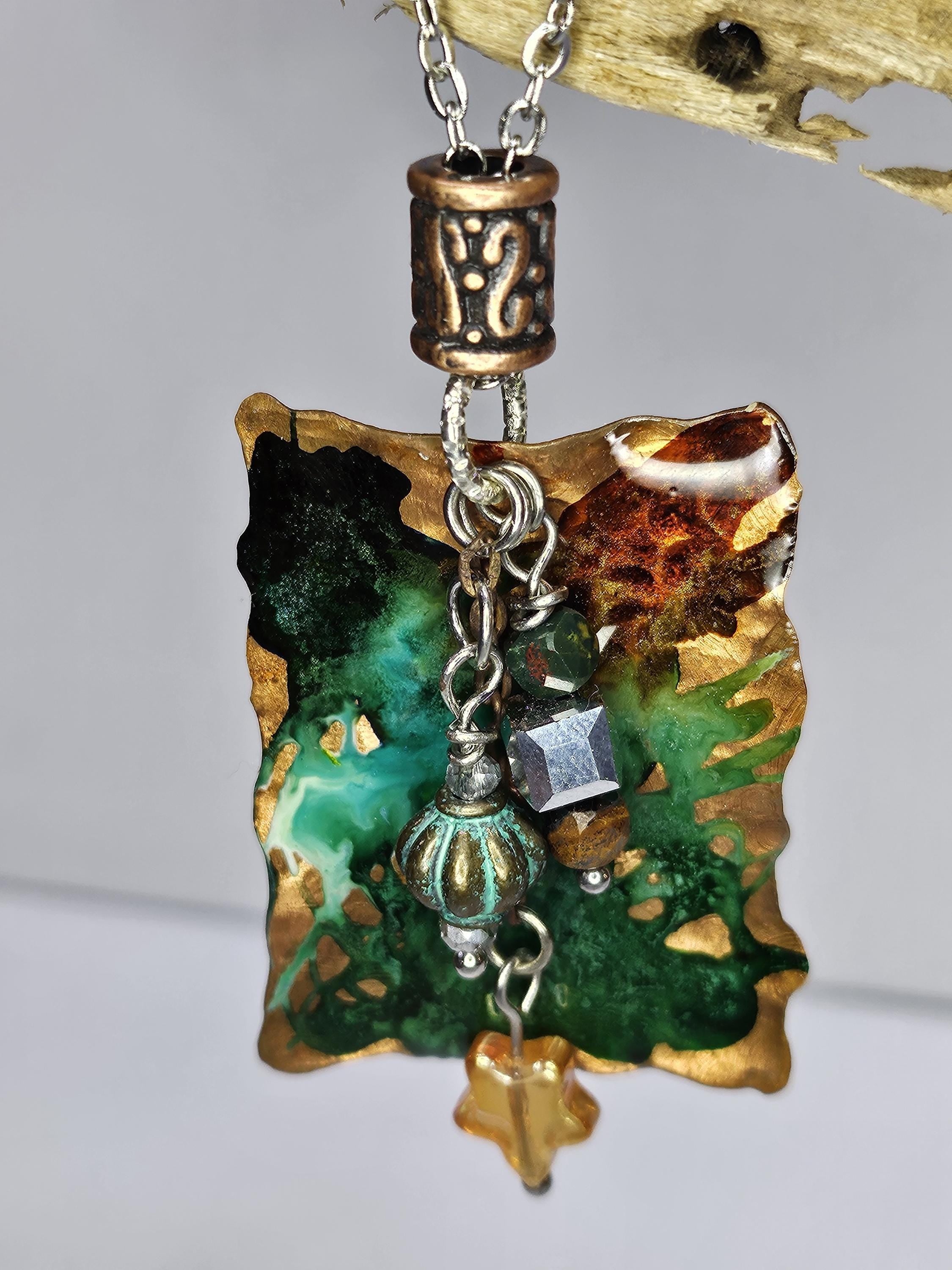 Textured Copper  Ink Stained Pendant Necklace - Rustic Boho Handmade Jewelry Gift for Her - FREE SHIPPING