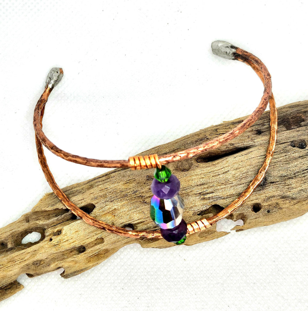 Textured Copper Wire Cuff Bracelet with Crystal Accent  Rustic Boho Handmade Jewelry Gift for Her  Free Shipping Available