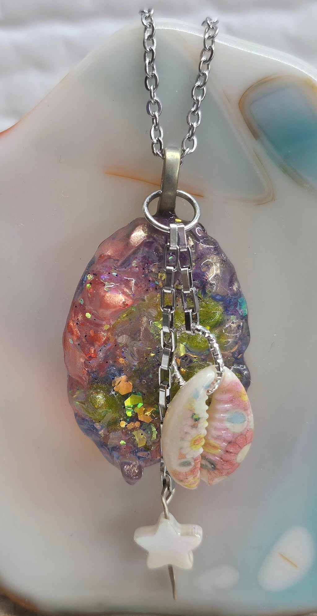 Mother of Pearl  Painted Cowrie Shell Pendant - Rustic Boho Handmade Jewelry Gift for Her - Free Shipping - Unique Statement Necklace