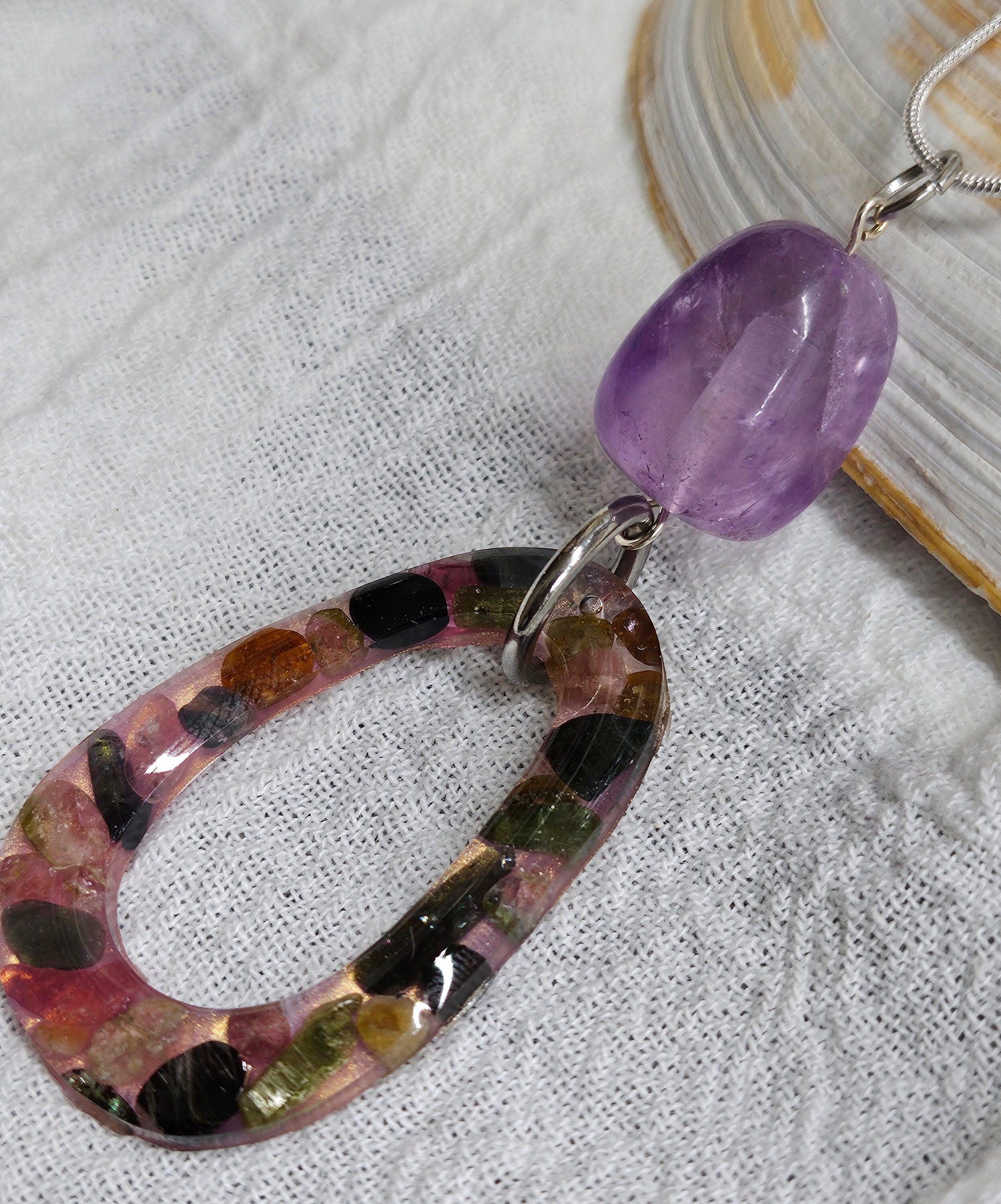 Unique Tourmaline  Amethyst Nugget Pendant on Durable Stainless Steel Chain for Everyday Elegance and Style