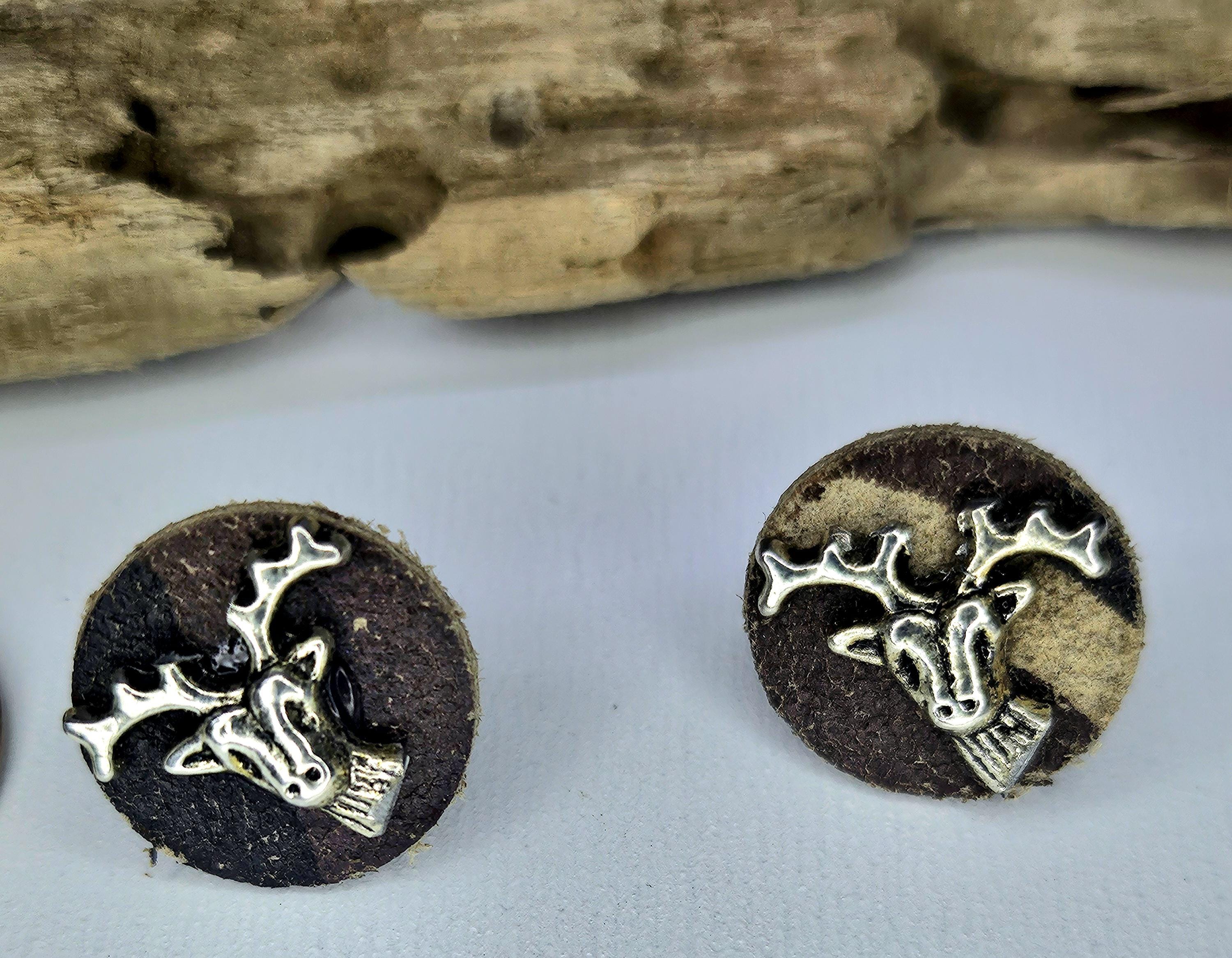 Handcut Camouflage Leather Stud Earrings with Whimsical Deer Charm for Nature Lovers Adventurers  Animal Enthusiasts