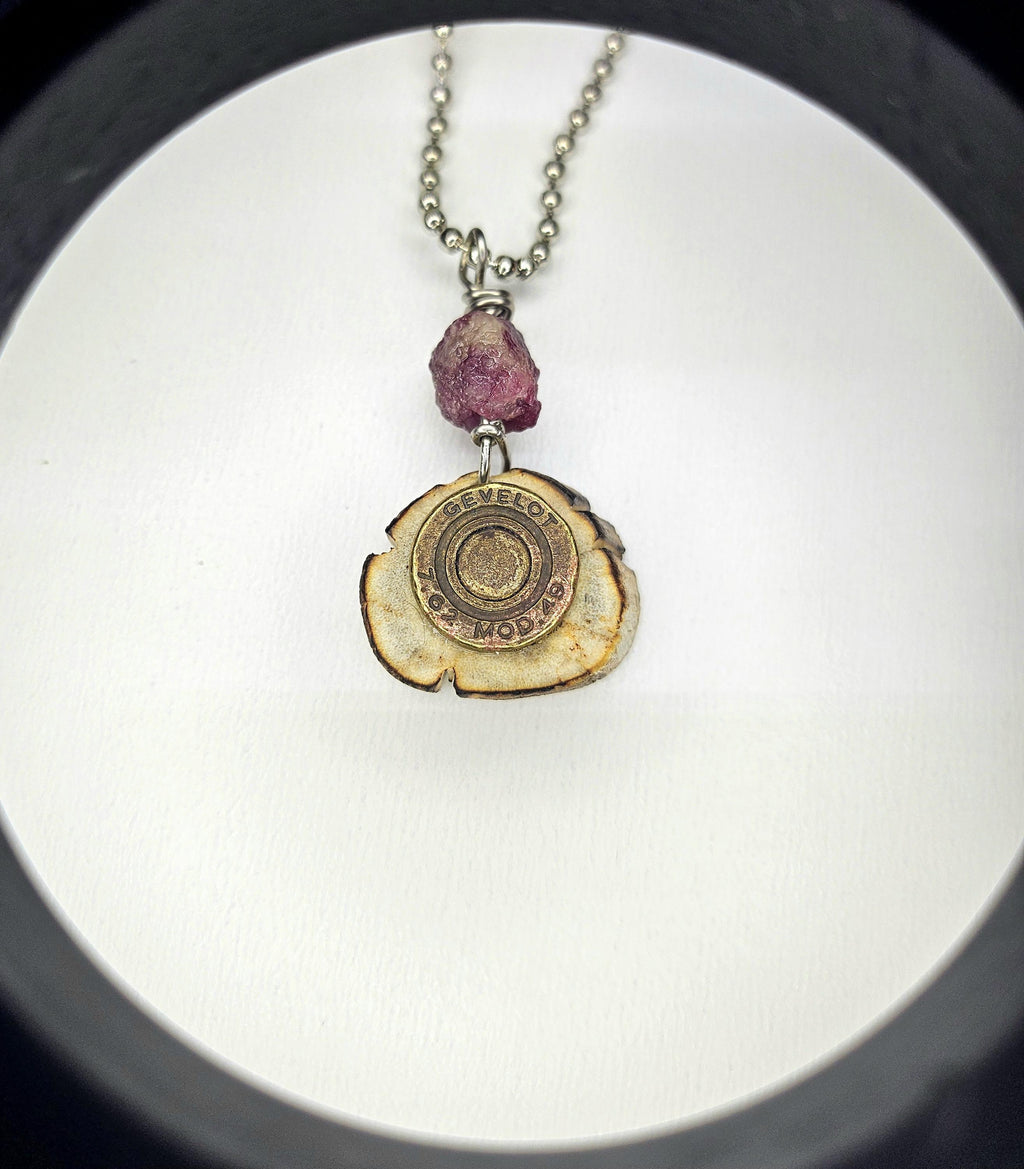 Deer Antler Slice Pendant with Bullet Brass  Pink Tourmaline Rustic Boho Handmade Jewelry Gift for Her Free Shipping