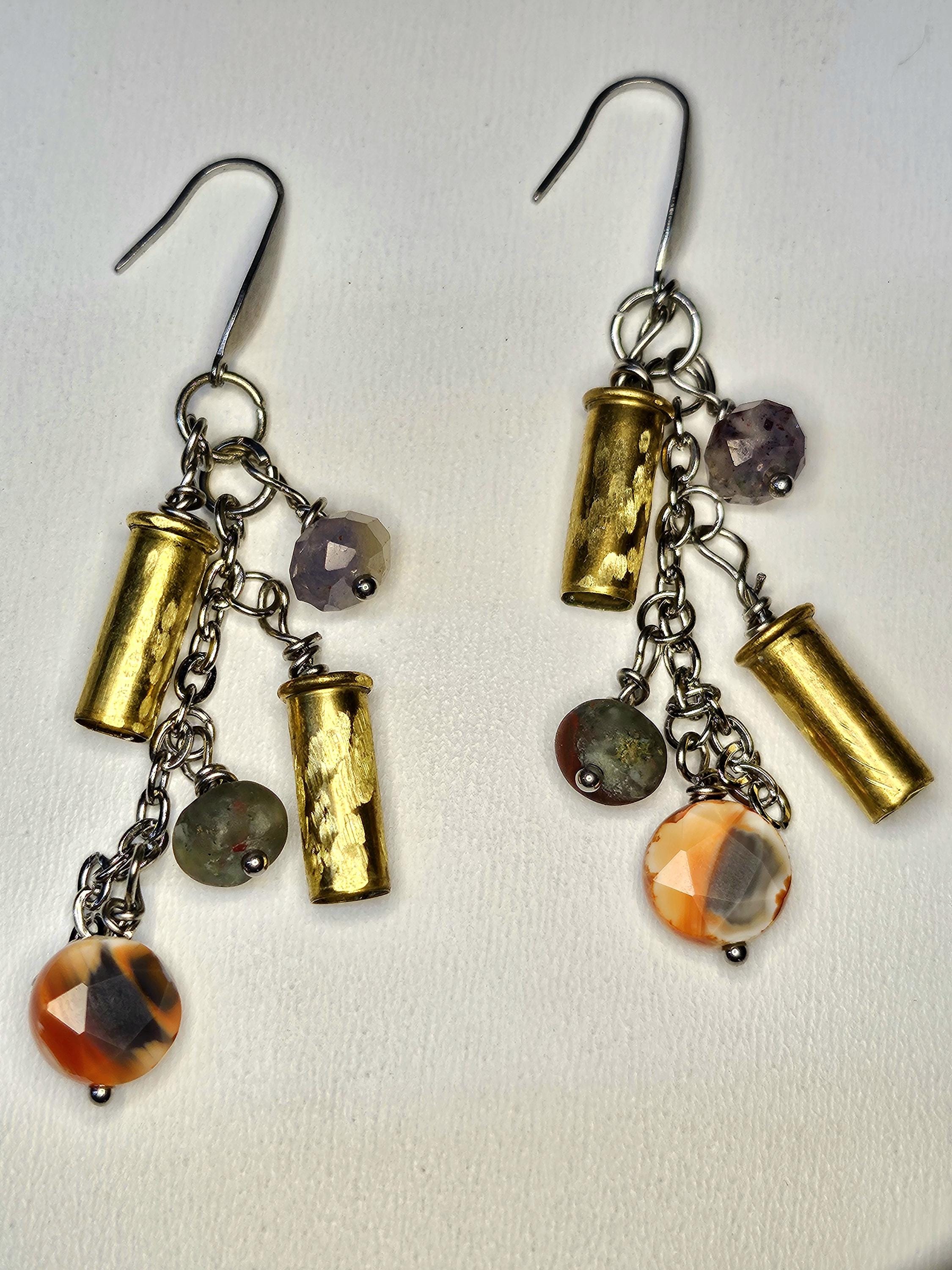 Hand Textured 22 Shell Earrings with Carnelian Amethyst  Bloodstone Beads on Stainless Steel Hooks  Unique Statement Jewelry