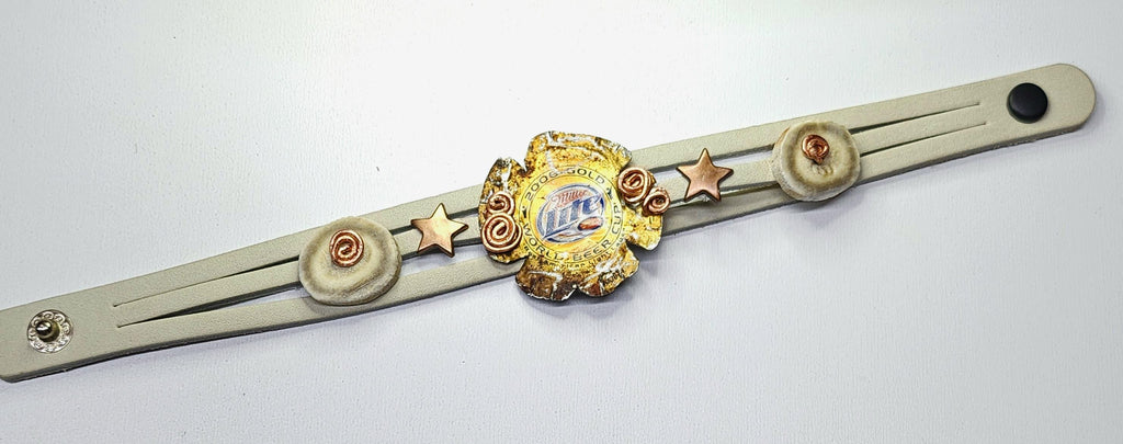 Metal Beer Cap Leather Bracelet with Genuine Deer Antler Slice for Rustic Strength Style  Masculinity