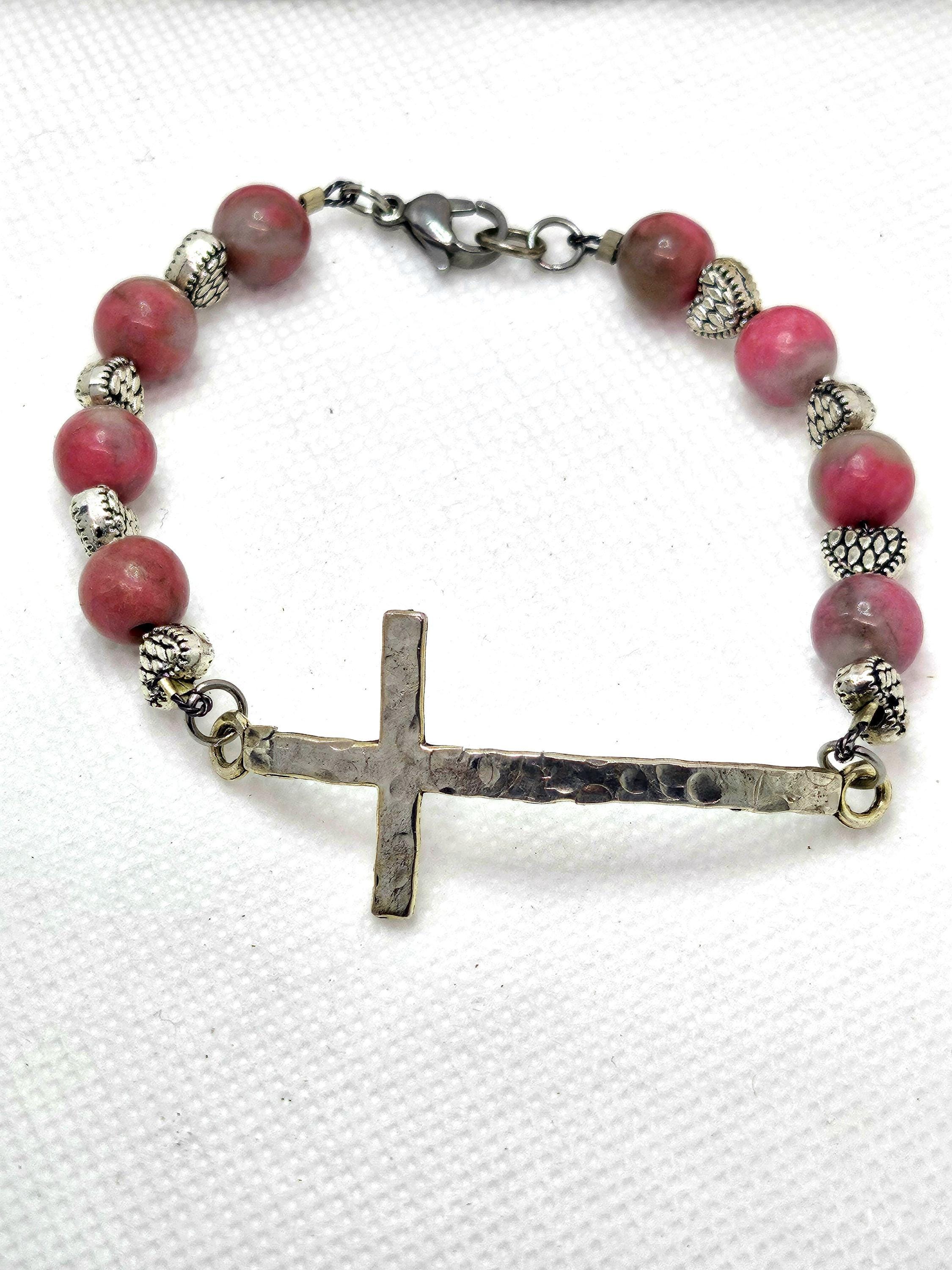 Rhodonite  Heart Charm Bracelet  Handmade Rustic Boho Jewelry Gift for Her  Free Shipping Everyday Wear Unique Accessory