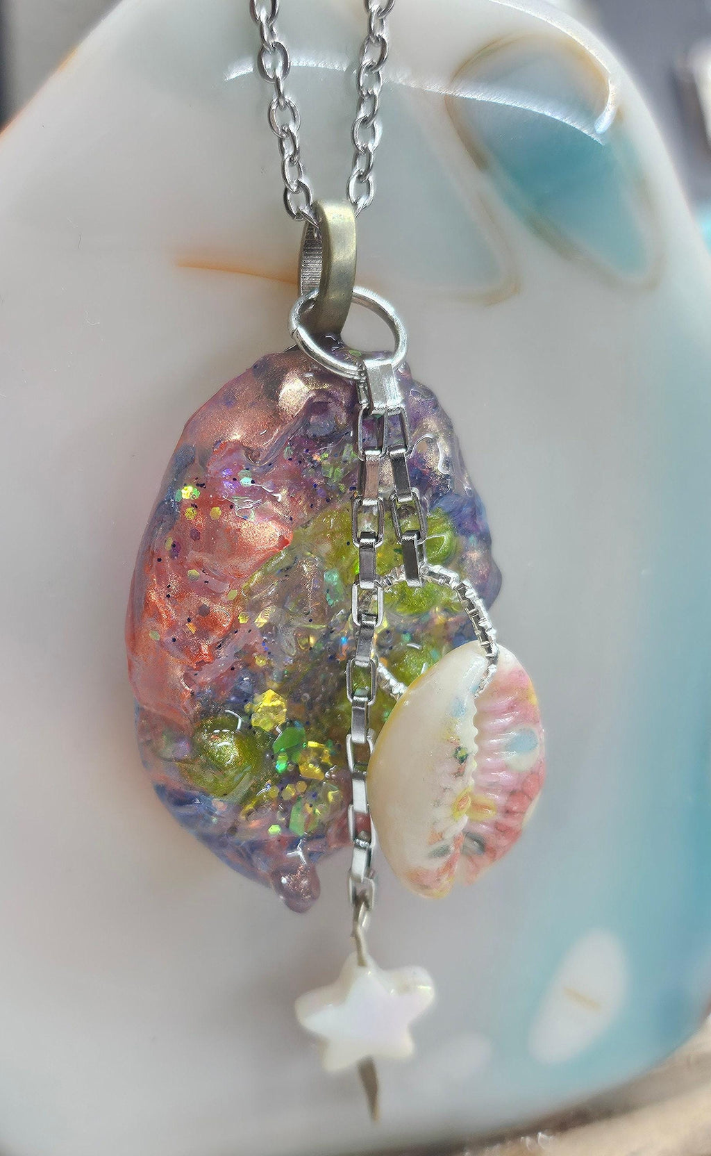 Mother of Pearl  Painted Cowrie Shell Pendant - Rustic Boho Handmade Jewelry Gift for Her - Free Shipping - Unique Statement Necklace