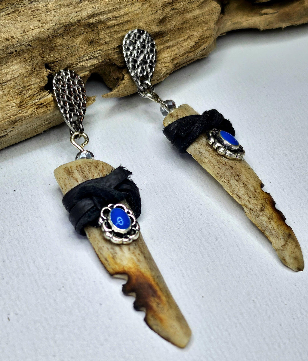 Handmade Rustic Boho Split Deer Antler Tine  Leather Earrings with Turquoise and Gemstones - Unique Gift for Her Free Shipping
