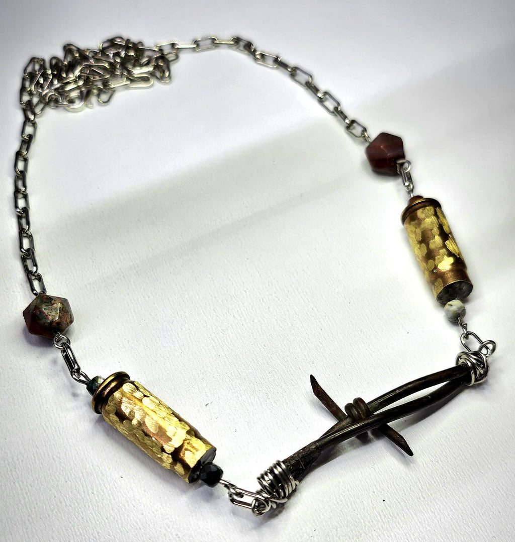 Barbed Wire  40mm Bullet Brass Pendant - Rustic Boho Handmade Jewelry Gift for Her - Unique Conversation Starter - Free Shipping
