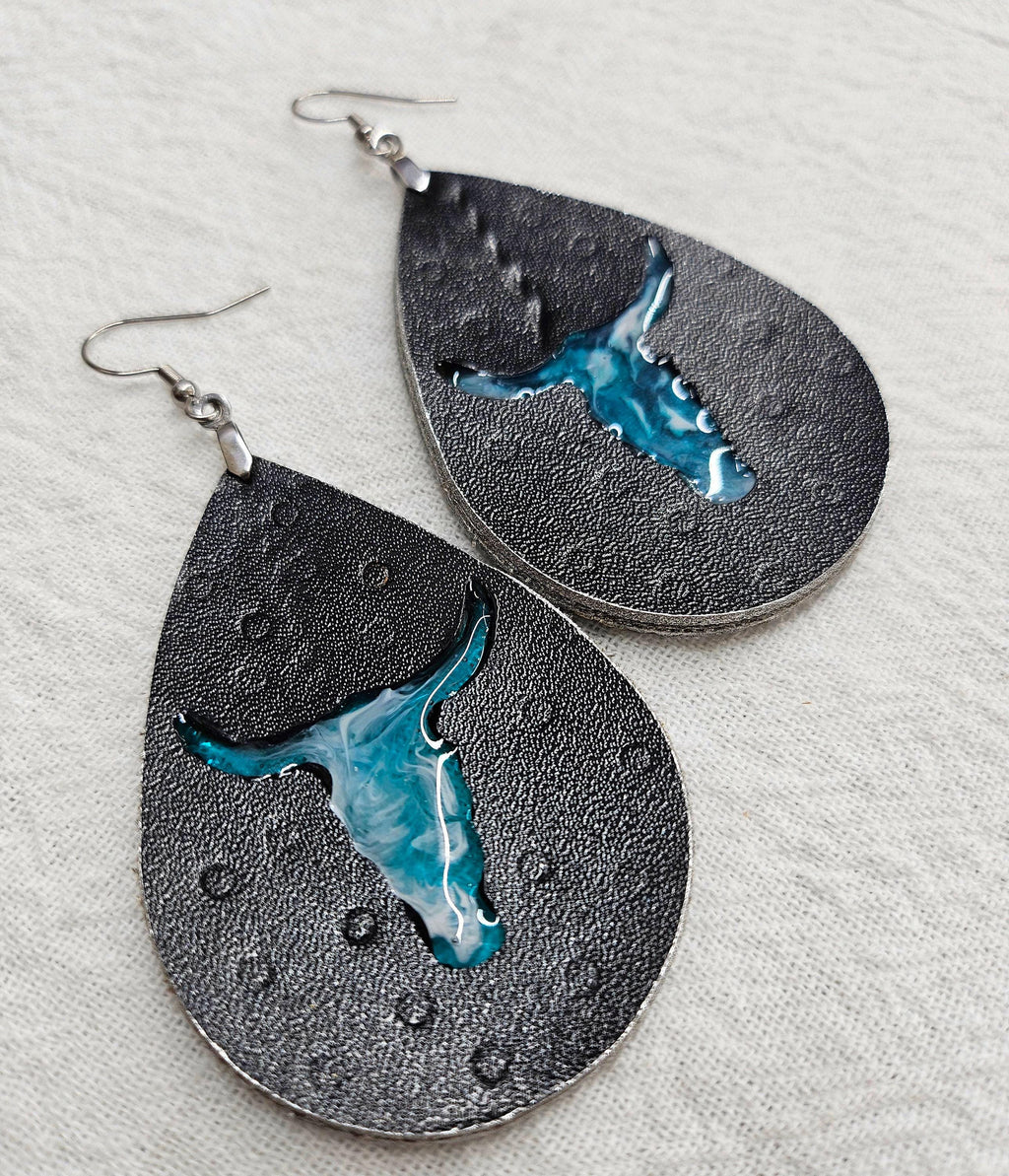 Leather Teardrop Bull Head Earrings - Rustic Boho Handmade Jewelry Gift for Her - Unique Statement Piece for Cowgirl Style  Everyday Wear